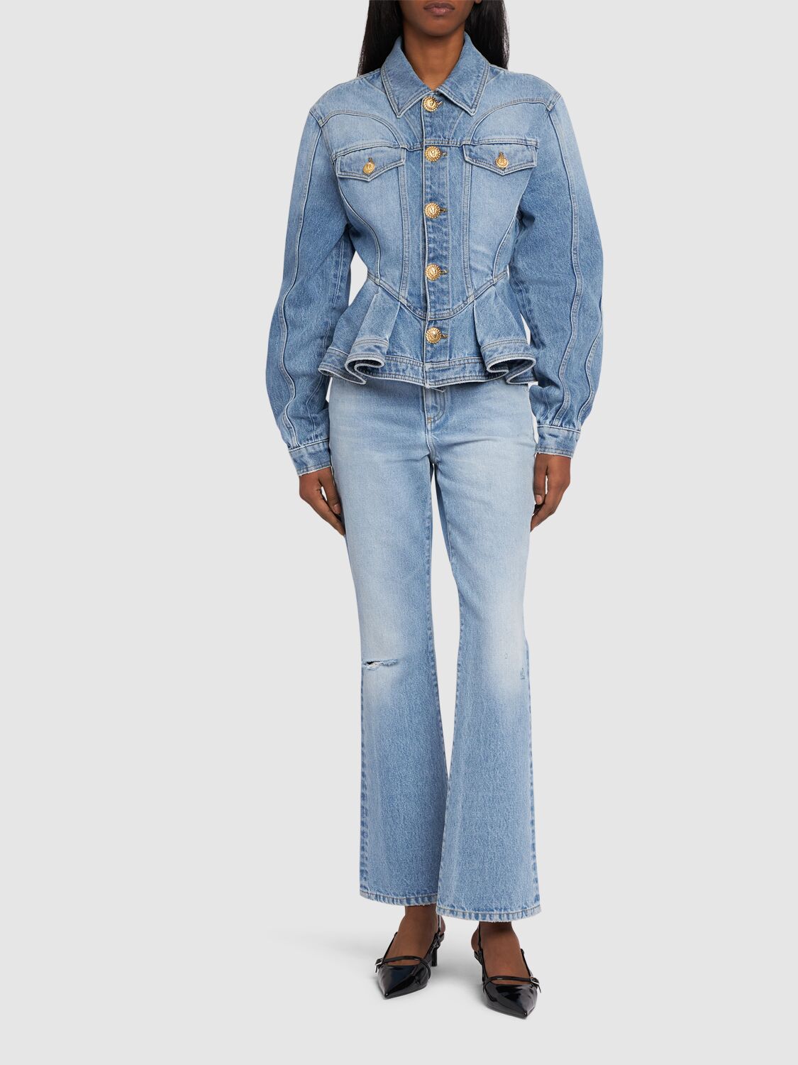 Shop Balmain Denim Ruffled Jacket In Blue