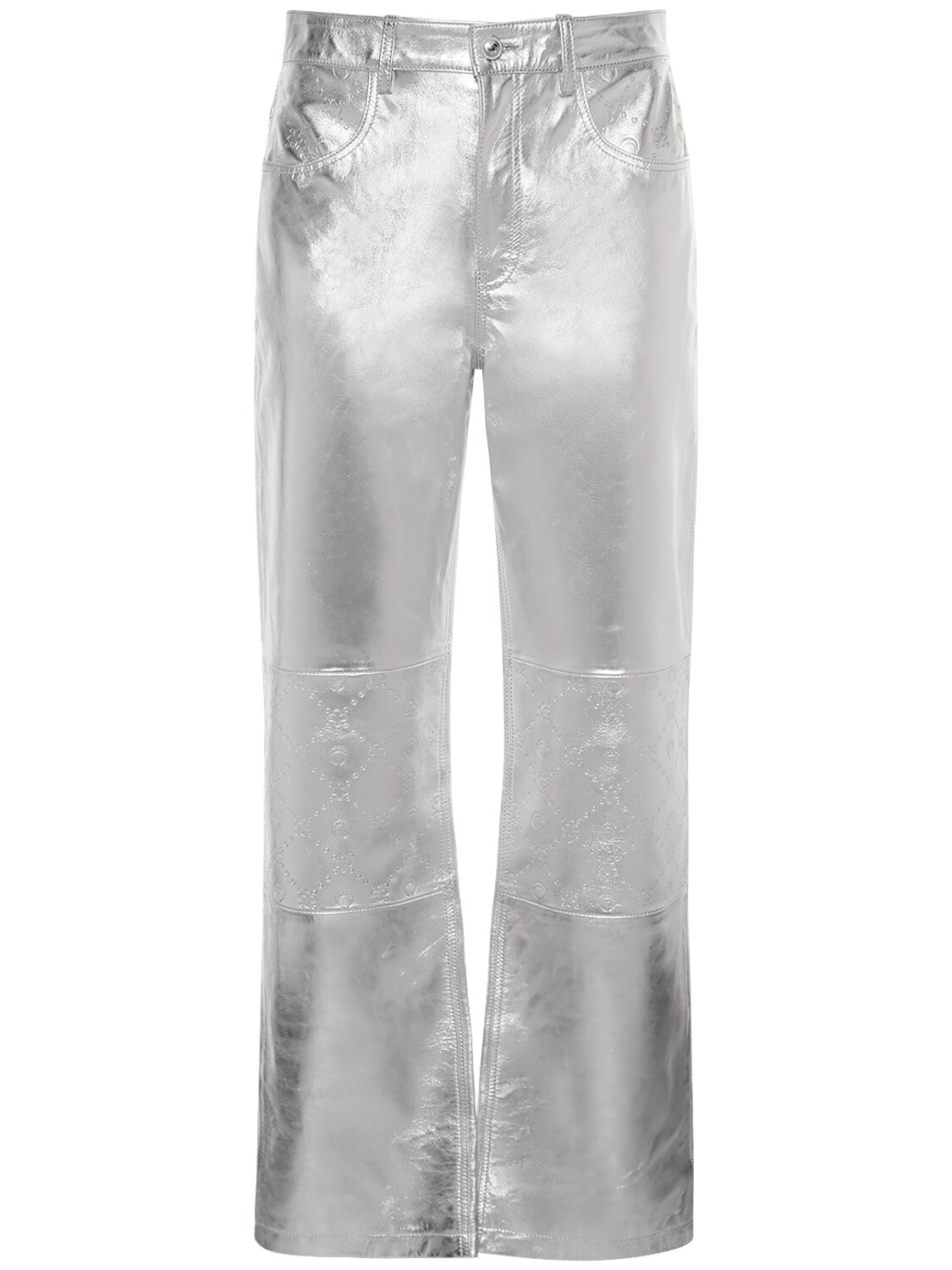 Marine Serre Crescent Moon-debossed Leather Trousers In Silver