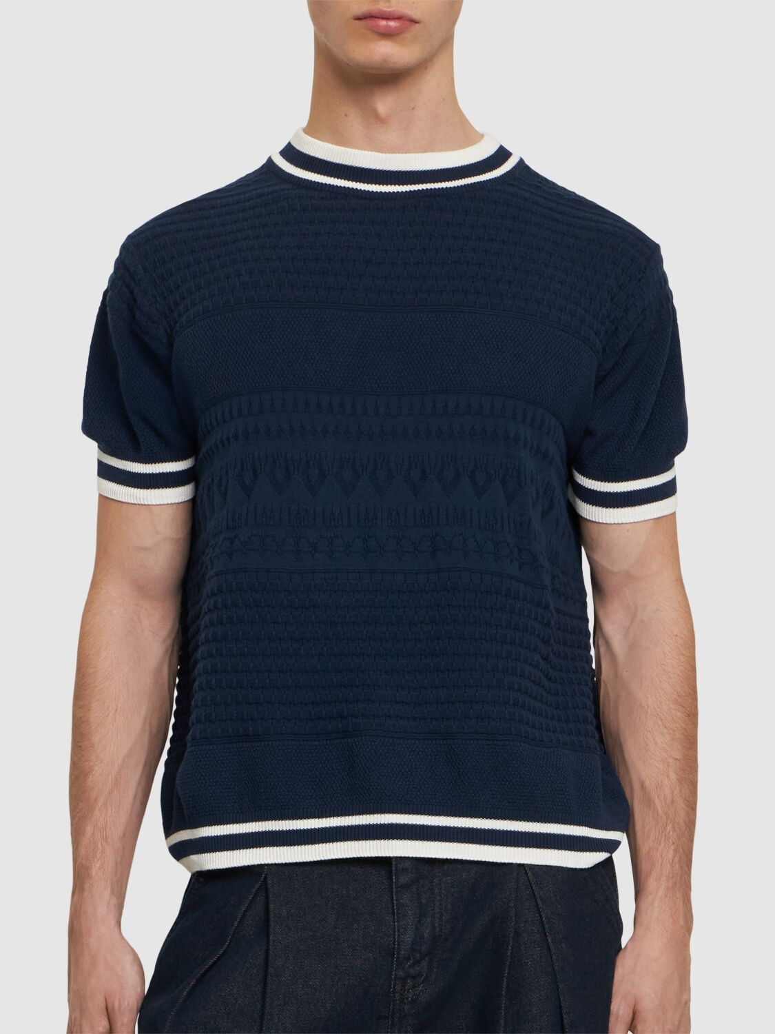 Shop After Pray Jacquard Stripe Knit Crewneck T-shirt In Navy