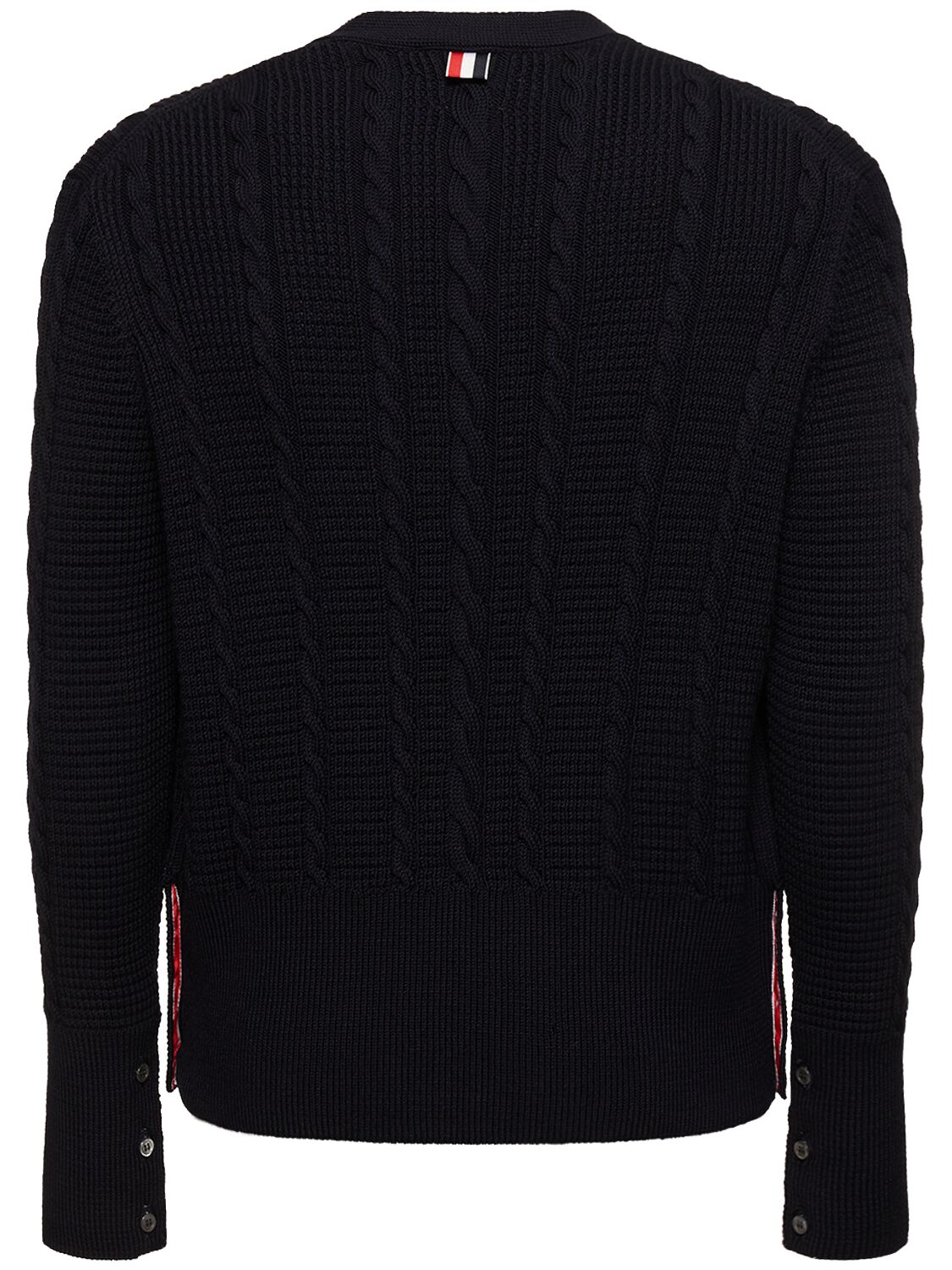 Shop Thom Browne Cable Knit Relaxed V Neck Cardigan In Navy