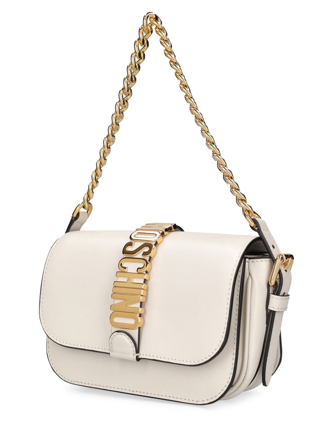 Shop Moschino Logo Leather Shoulder Bag In White