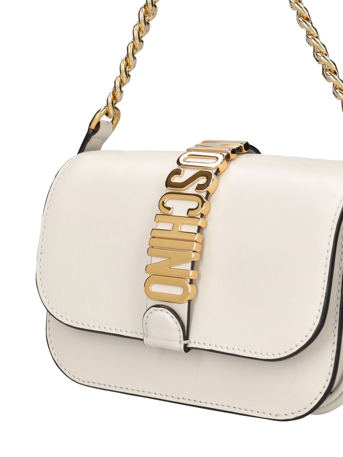 Shop Moschino Logo Leather Shoulder Bag In White