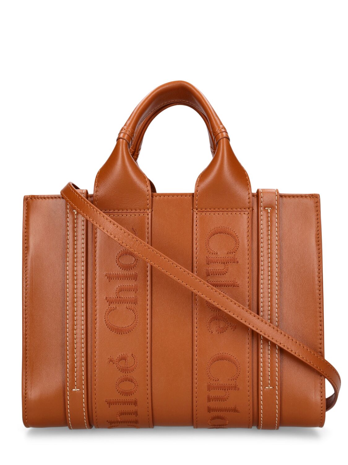Shop Chloé Small Woody Leather Tote Bag In Caramel