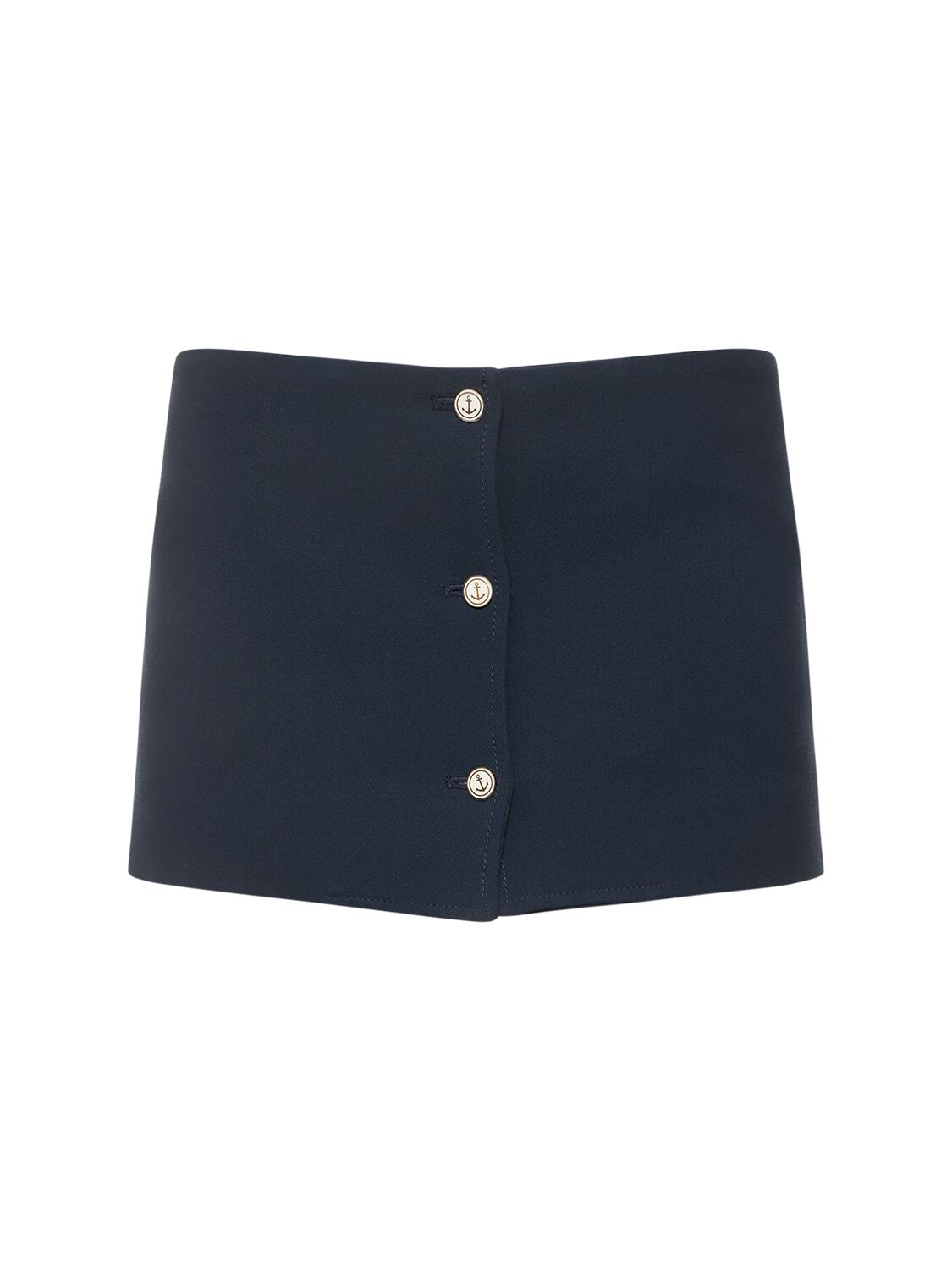 Thom Browne Wool Crepe Low Rise Mini Skirt W/buttons In Navy