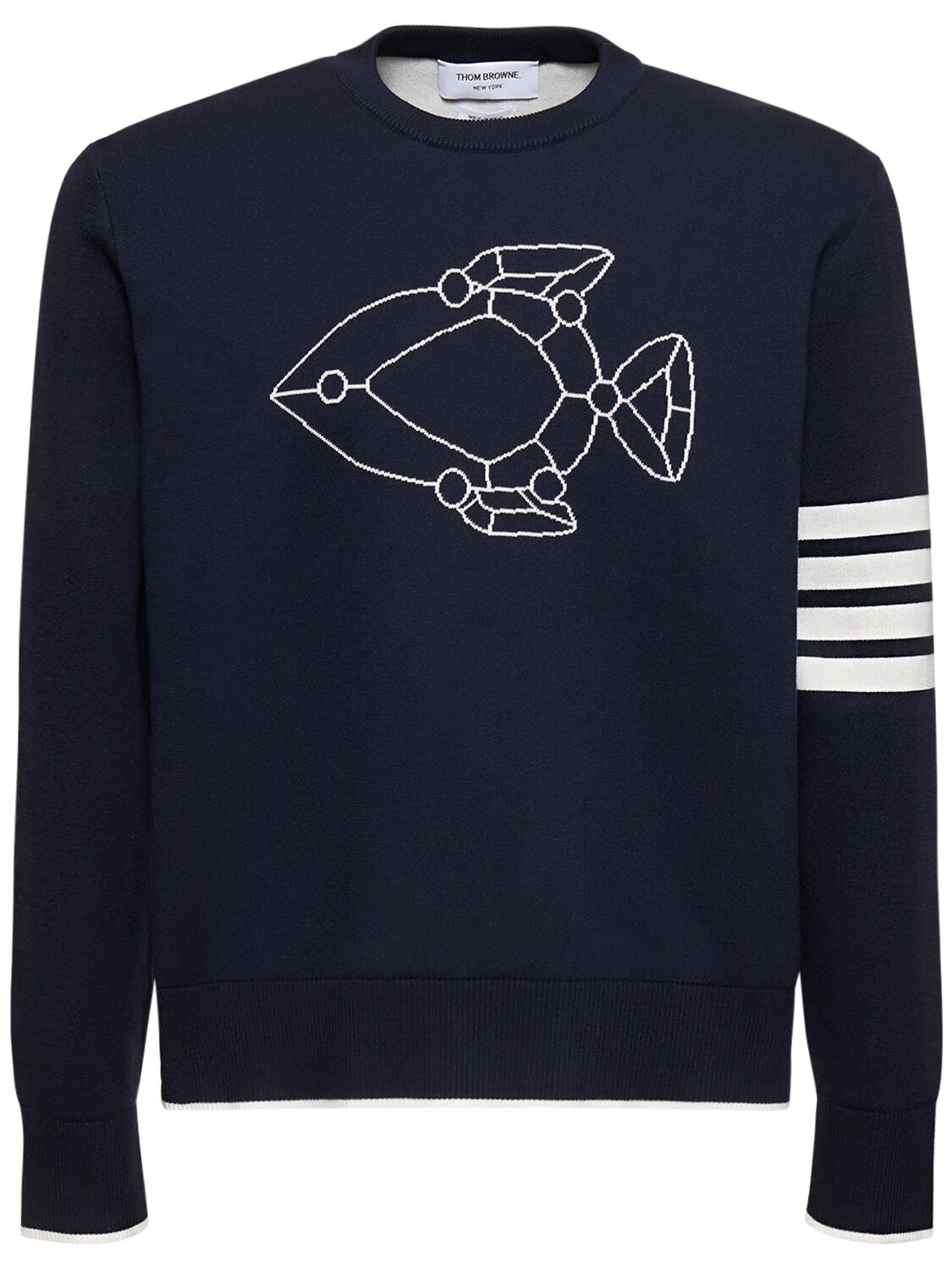 Thom Browne Cotton Blend Jacquard Crewneck Sweater In Navy