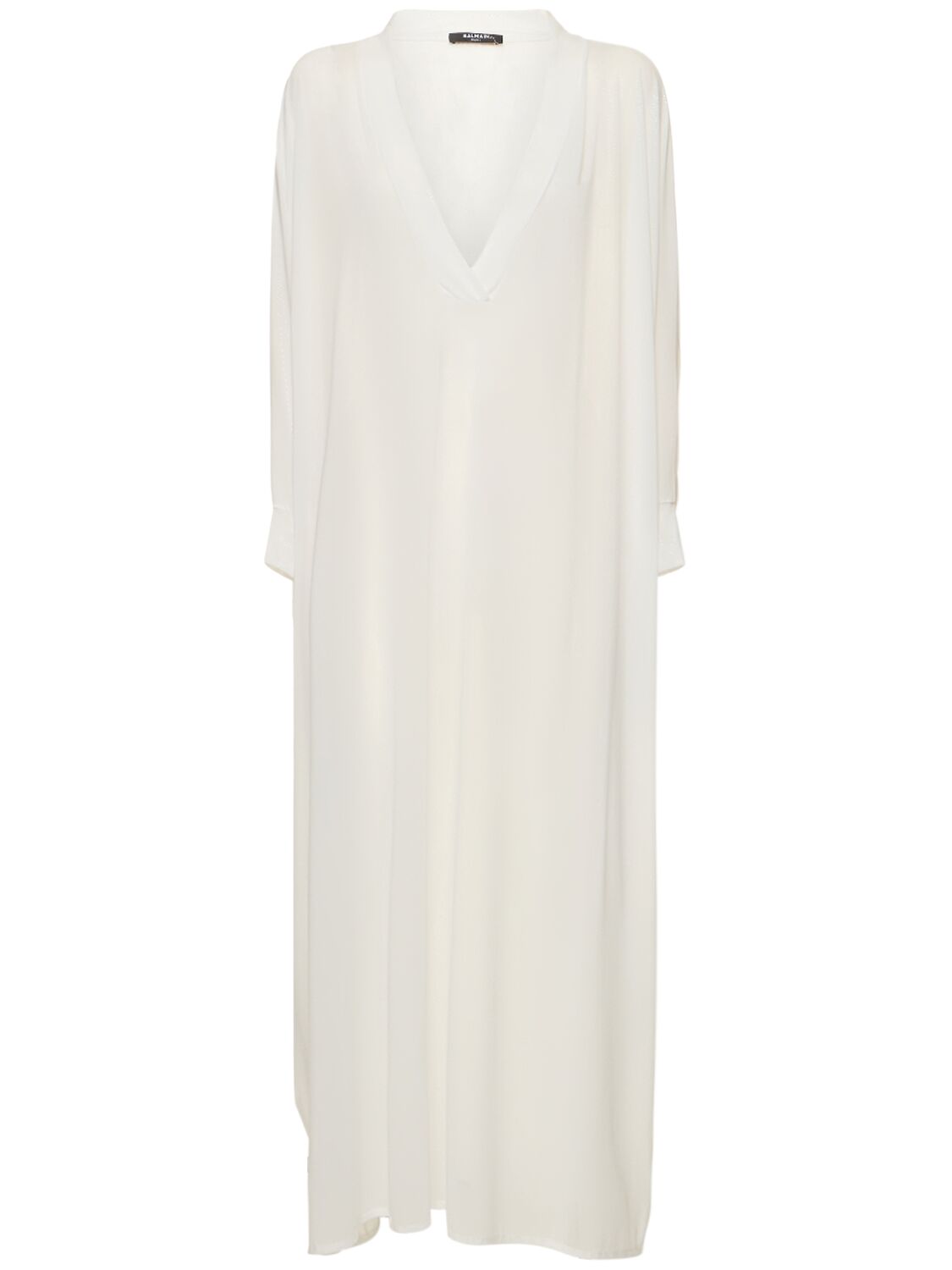 Balmain Shiny Jersey Long V-neck Kaftan Dress In White