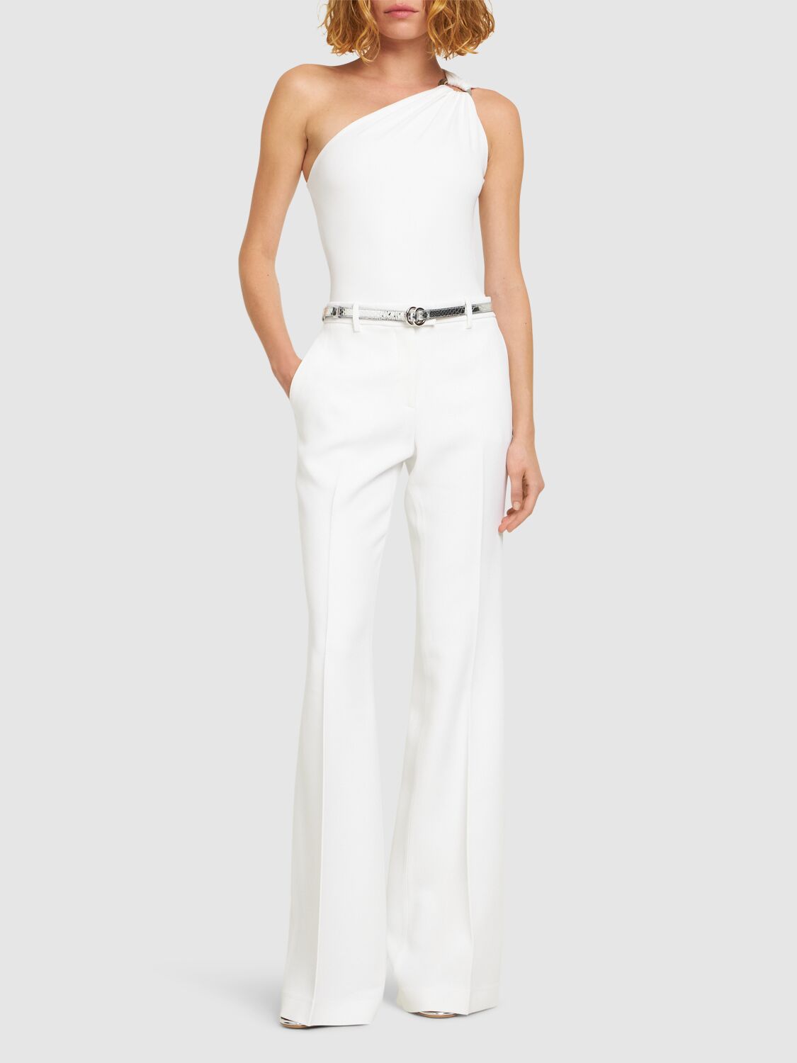 Shop Michael Kors Haylee Mid Rise Crepe Flared Pants In White