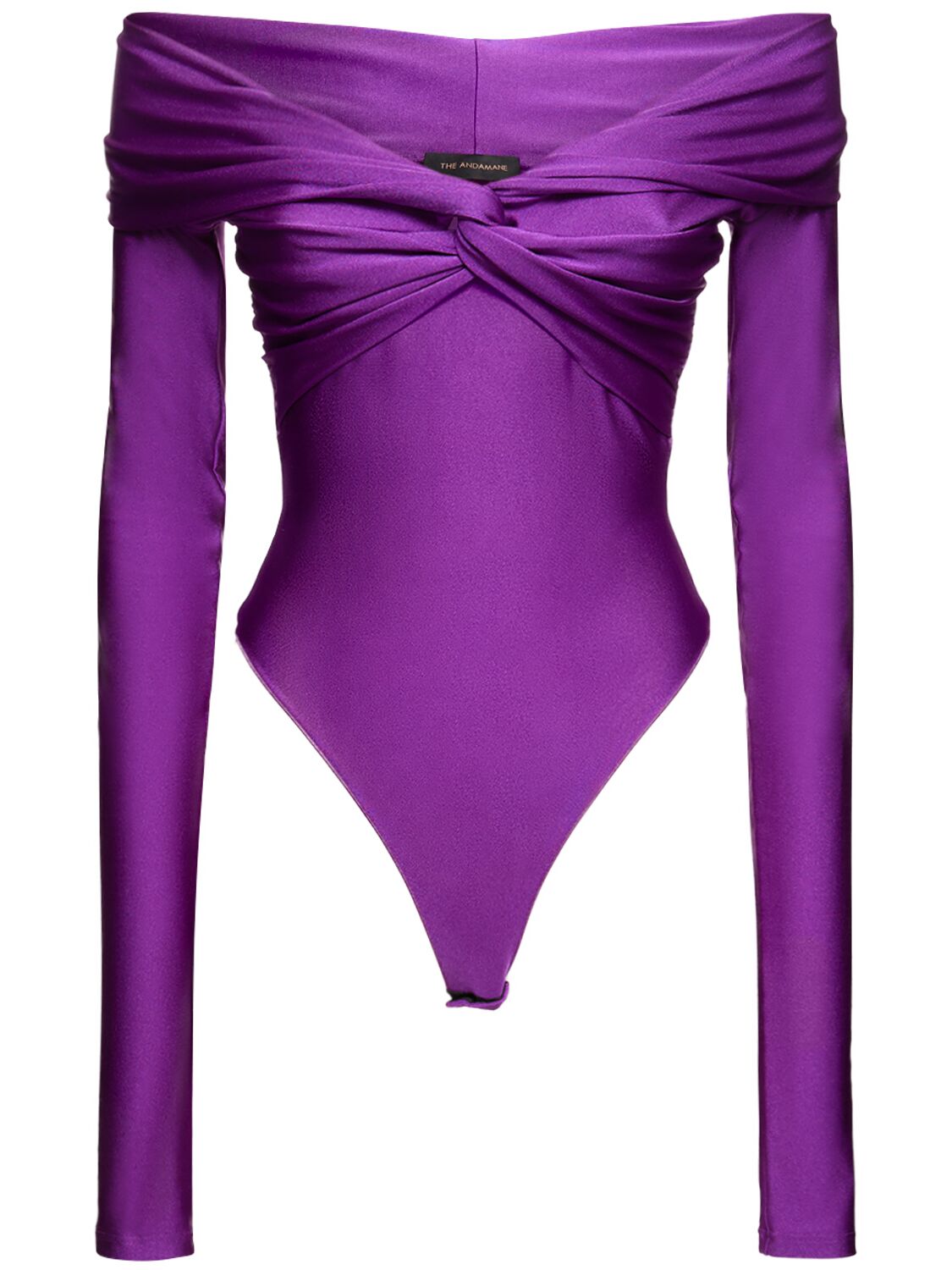 Shop The Andamane Kendall Off The Shoulder Lycra Bodysuit In Purple