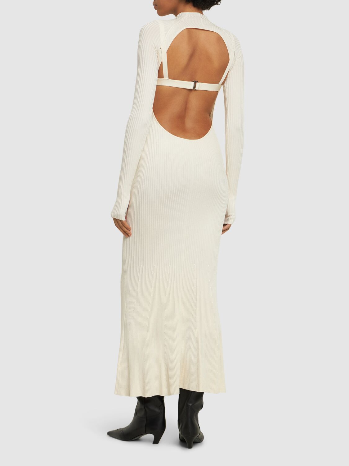 Shop Dion Lee Viscose Blend Knit Long Sleeve Dress In Ivory