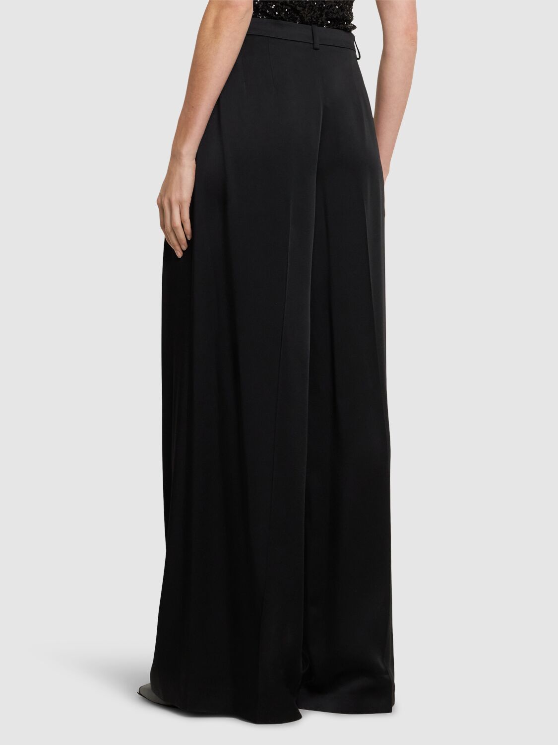 Shop Michael Kors Pleated Satin High Rise Wide Pants In Black