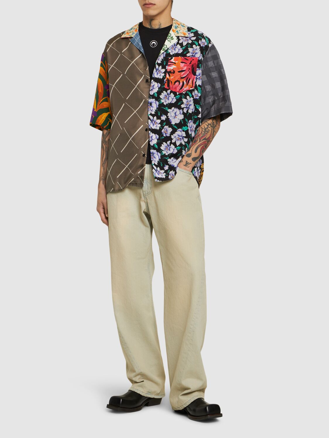 Shop Marine Serre One-of-a-kind Regenerated Silk S/s Shirt In Multicolor