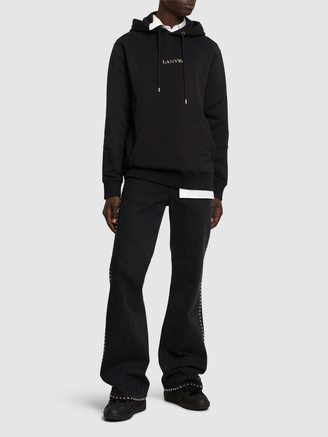 Shop Lanvin Logo Embroidery Oversized Cotton Hoodie In Black
