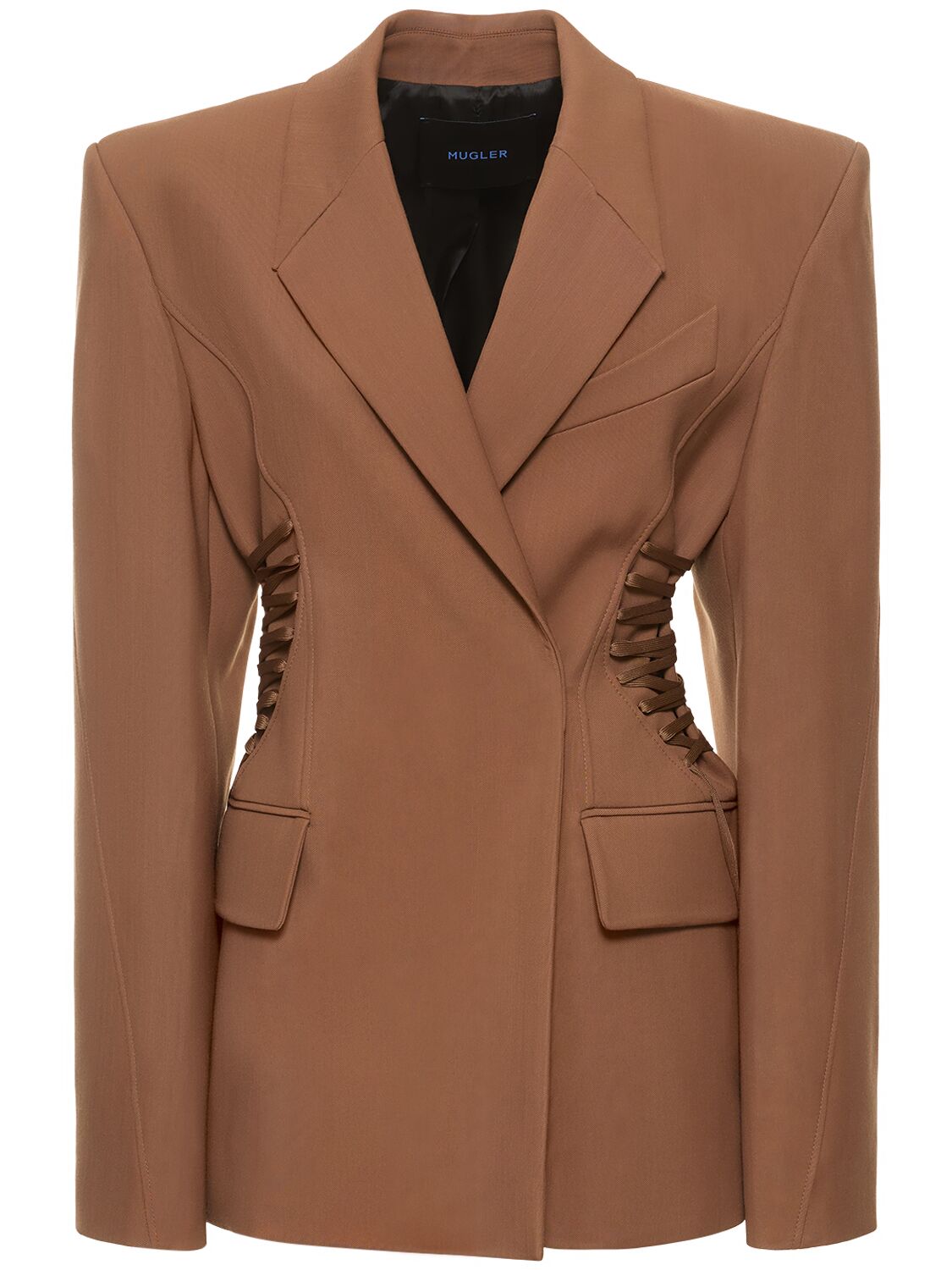 Mugler Fitted Waist Oversized Jacket W/ Laces In Camel