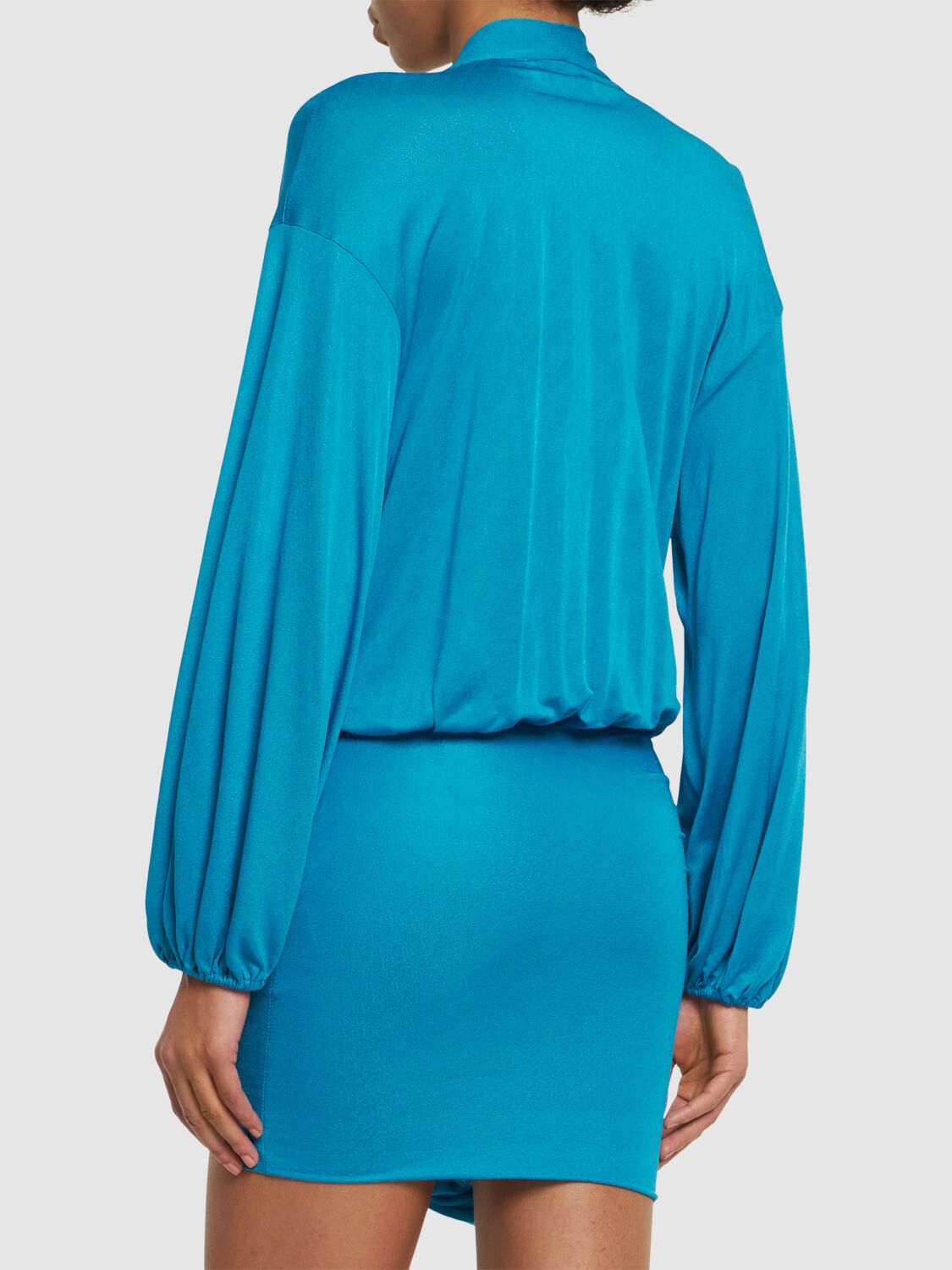 Blumarine Draped Viscose Jersey Mini Dress W/bow In Blue