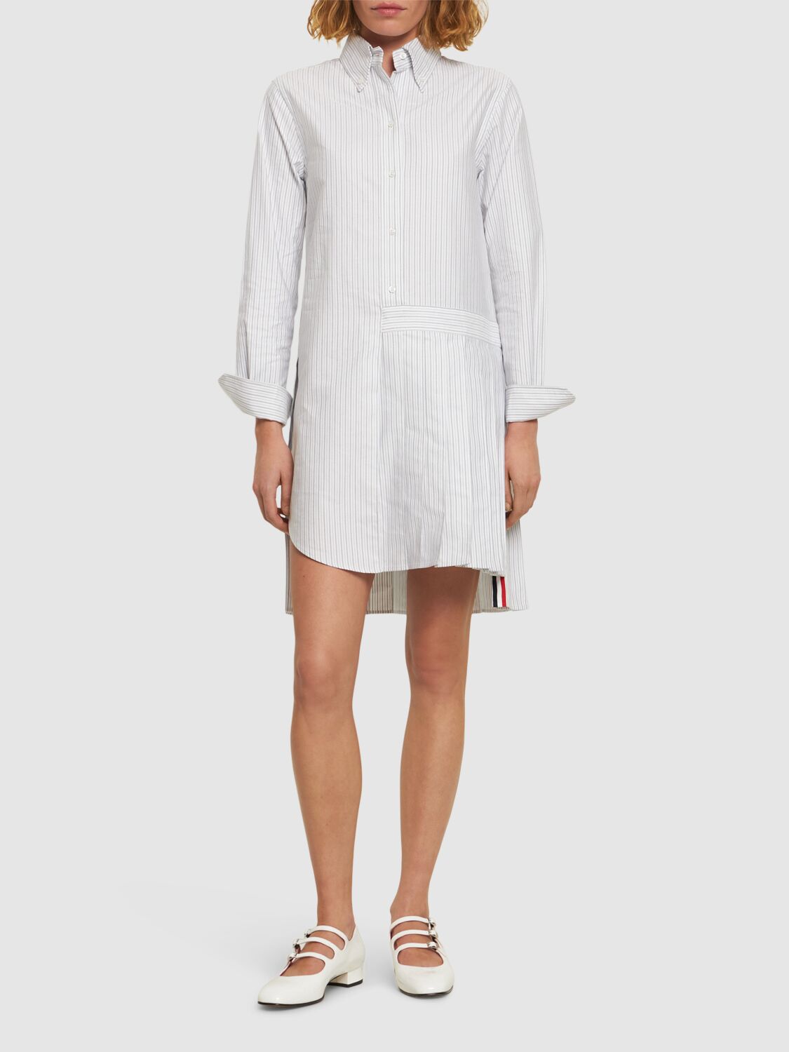 Shop Thom Browne Striped Oxford Cotton Mini Dress In White,grey