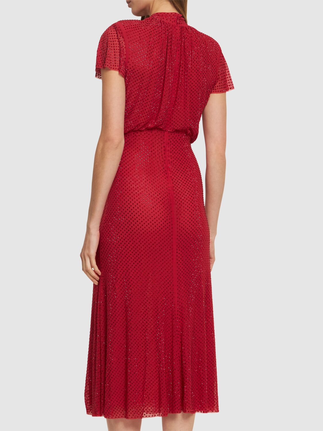 Shop Self-portrait Embellished Mesh Midi Dress In Red