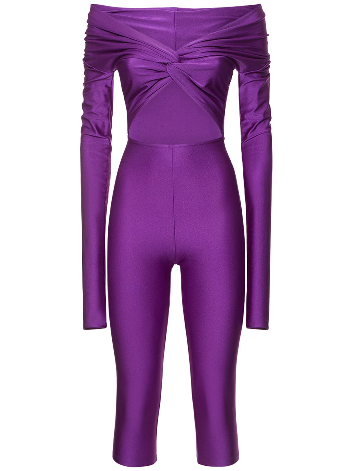 The Andamane Kendall Shiny Lycra Long Sleeve Jumpsuit In Purple