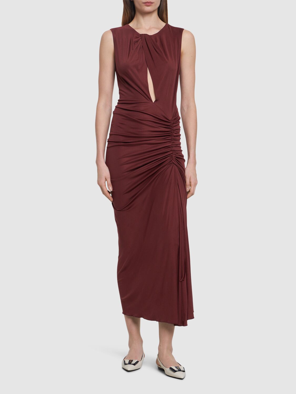 Shop Costarellos Triss Ruched Jersey Midi Dress In Bronze
