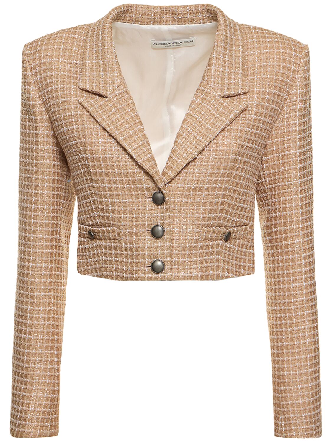 Alessandra Rich Sequined Tweed Cropped Boxy Jacket In Camel