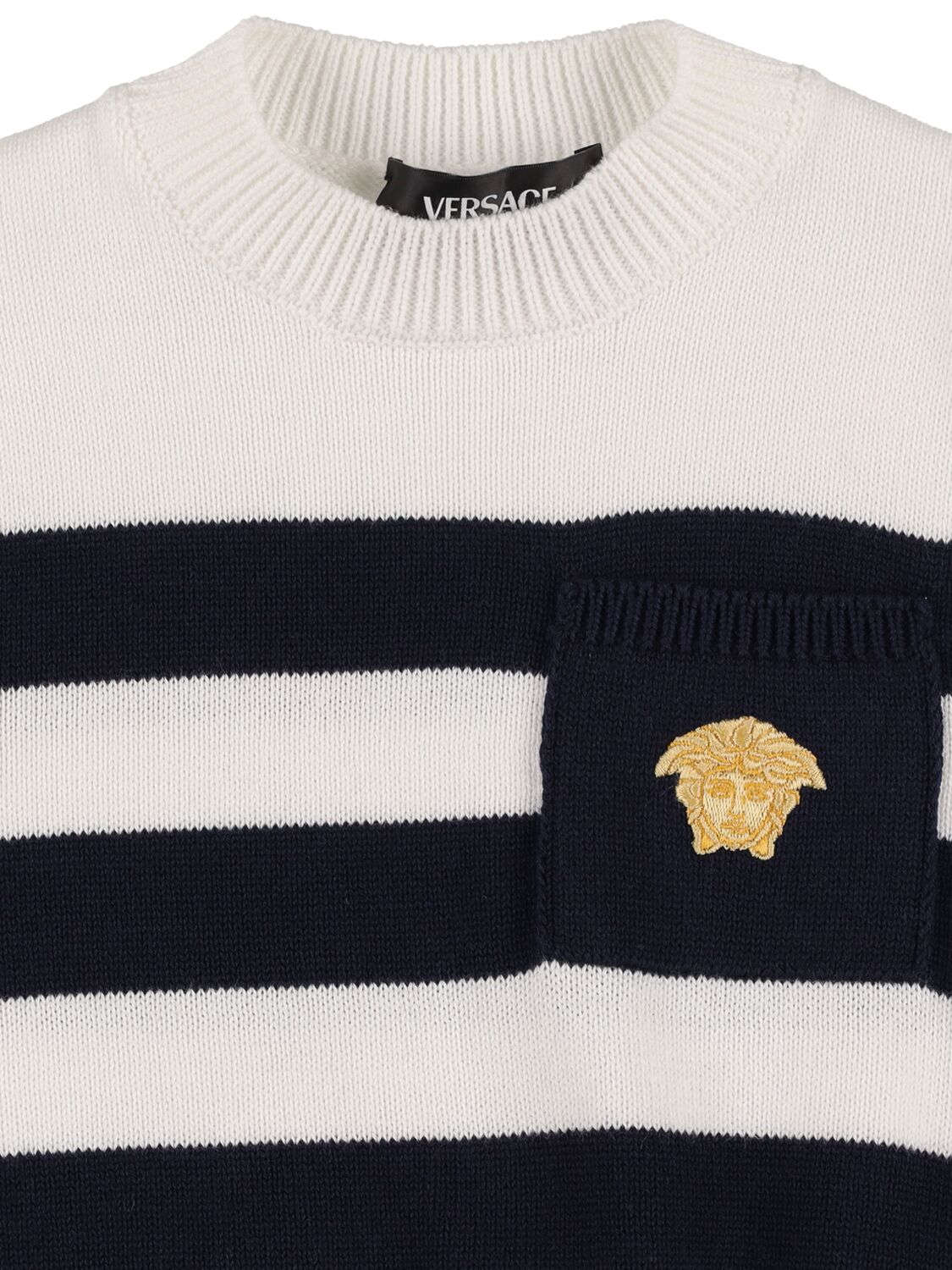 Shop Versace Printed Marine Knit Sweater In White,navy