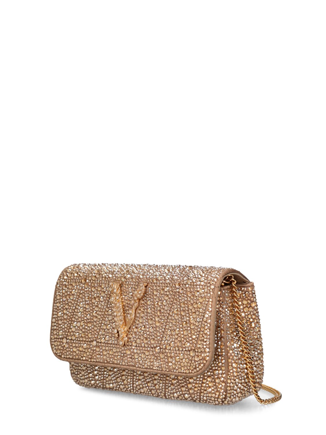 Shop Versace Mini Crystal Shoulder Bag W/logo In Camel