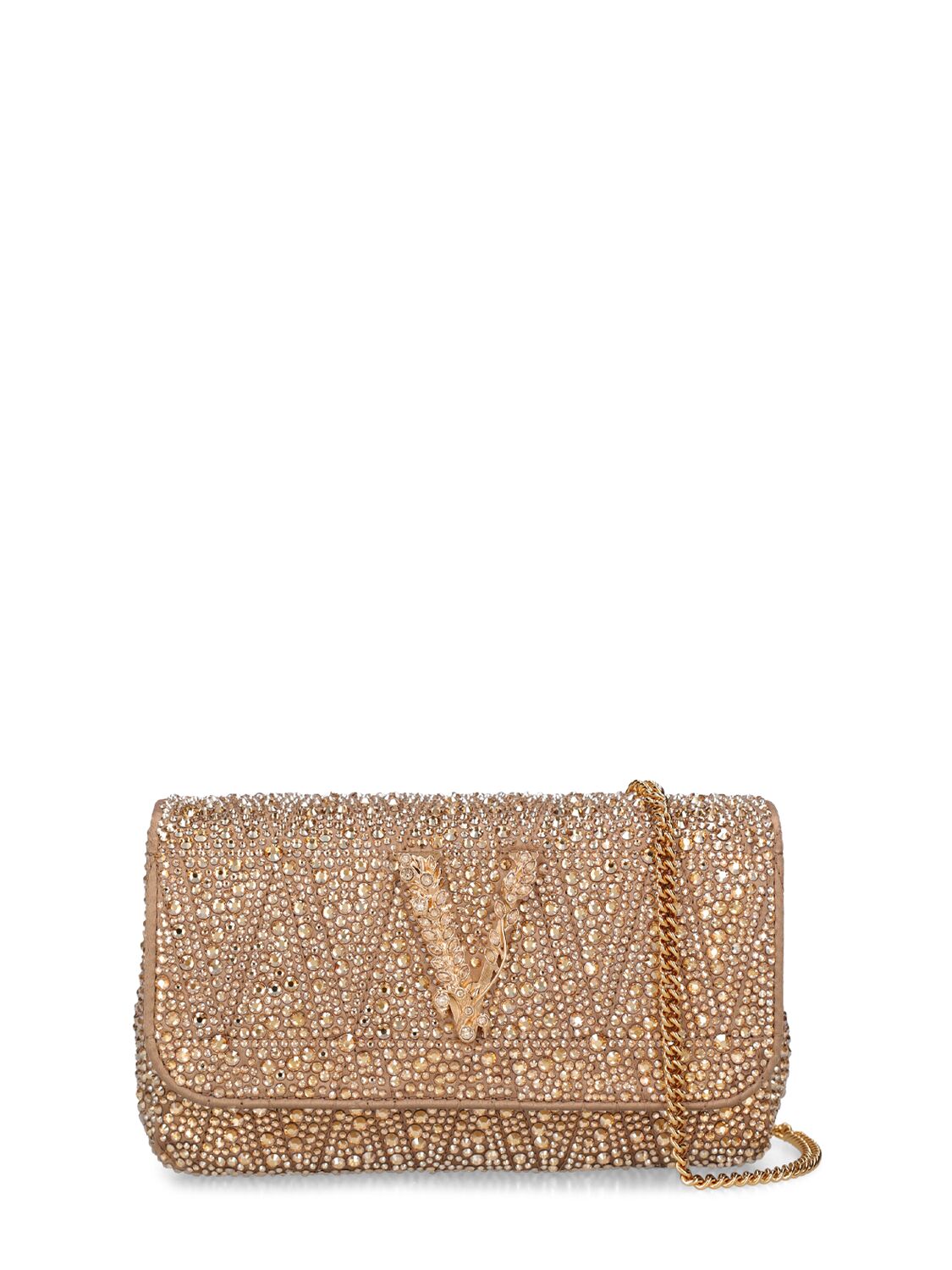 Versace Mini Crystal Shoulder Bag W/logo In Camel
