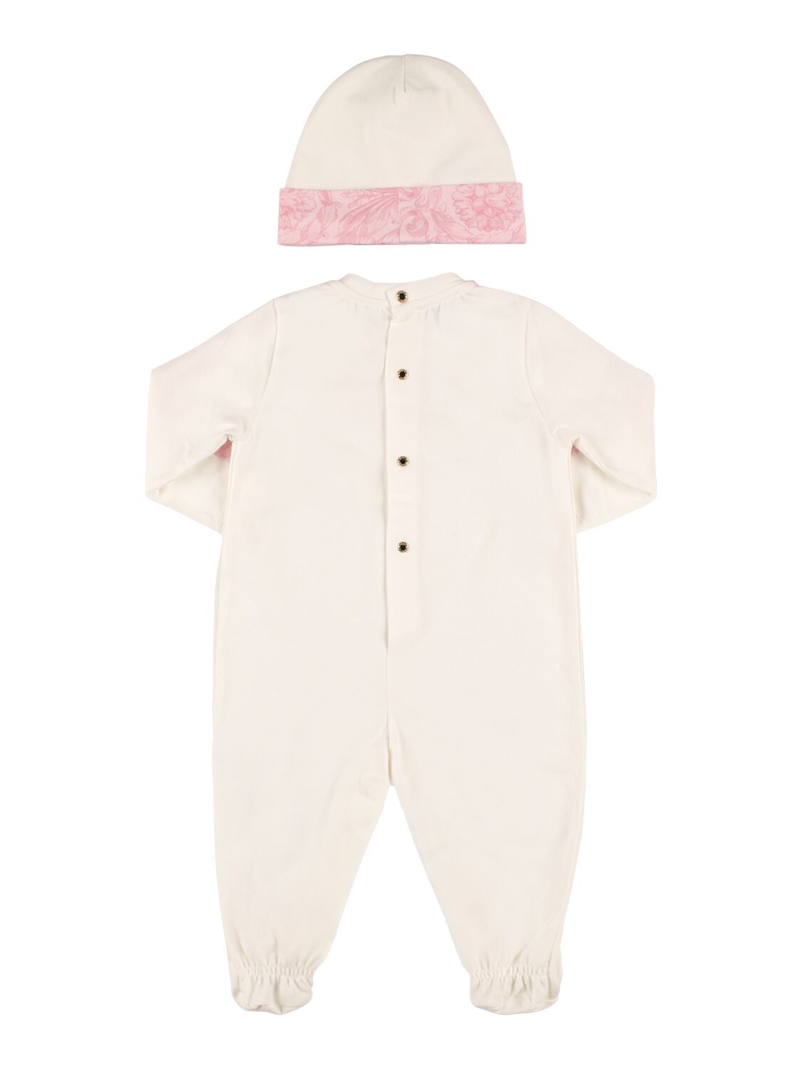 Shop Versace Printed Cotton Jersey Romper & Hat In White,pink