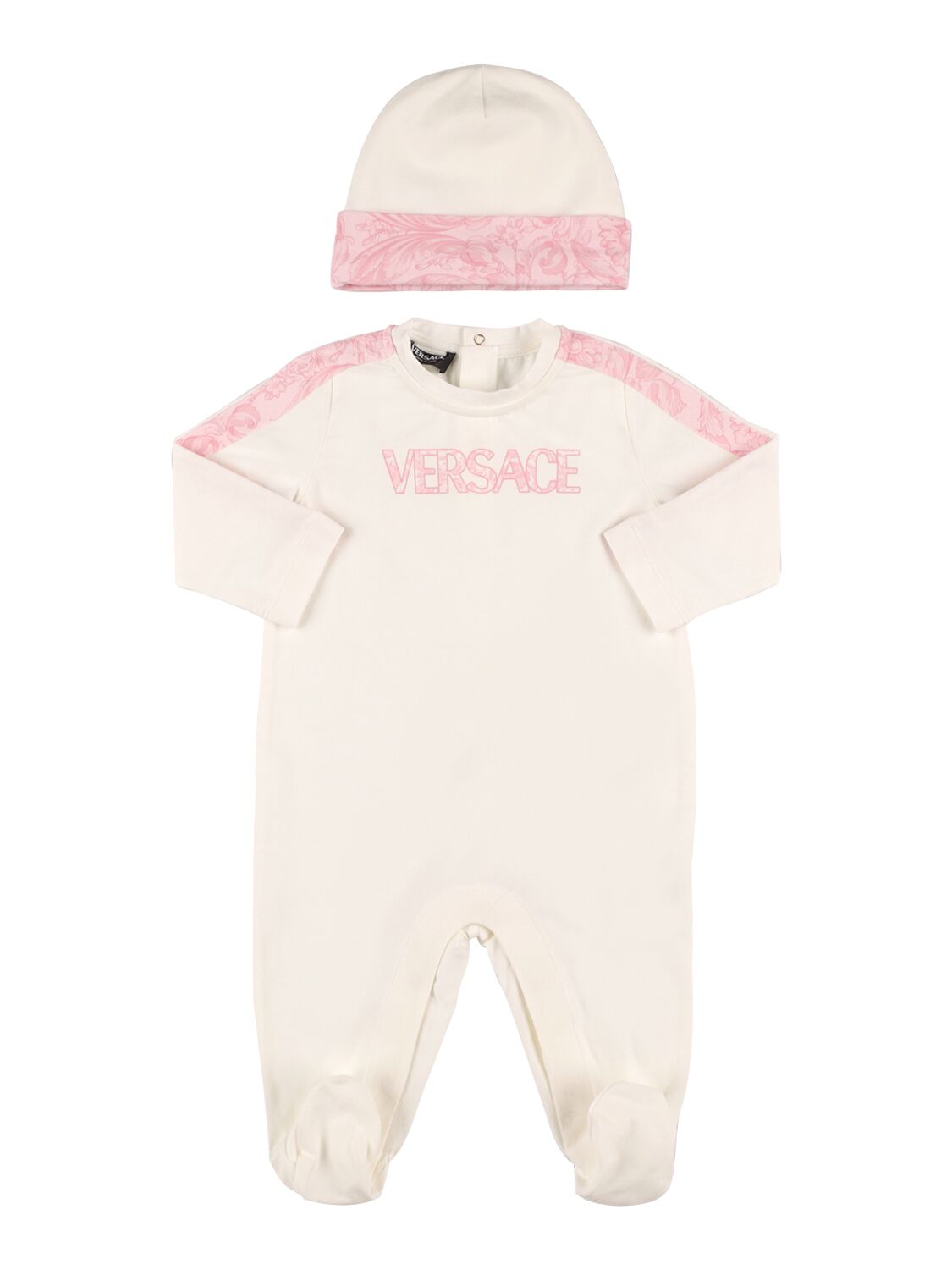 Versace Babies' Printed Cotton Jersey Romper & Hat In White,pink