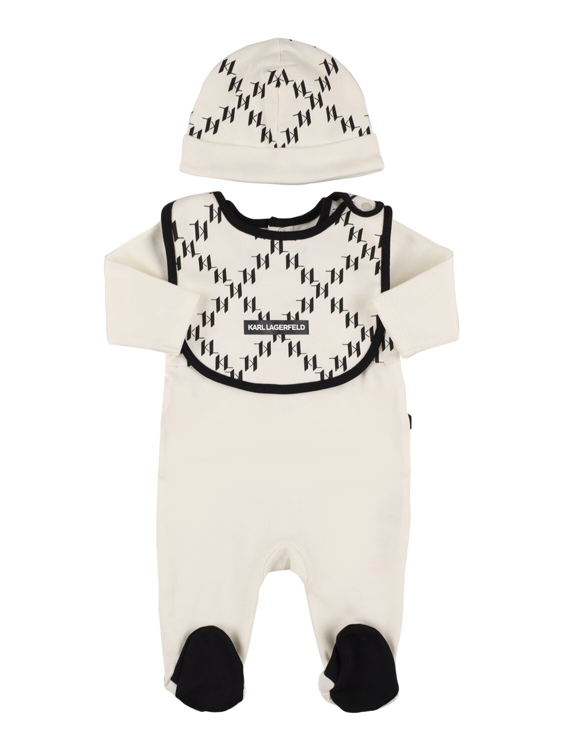 Karl Lagerfeld Babies' Cotton Interlock Romper, Hat & Bib In Beige