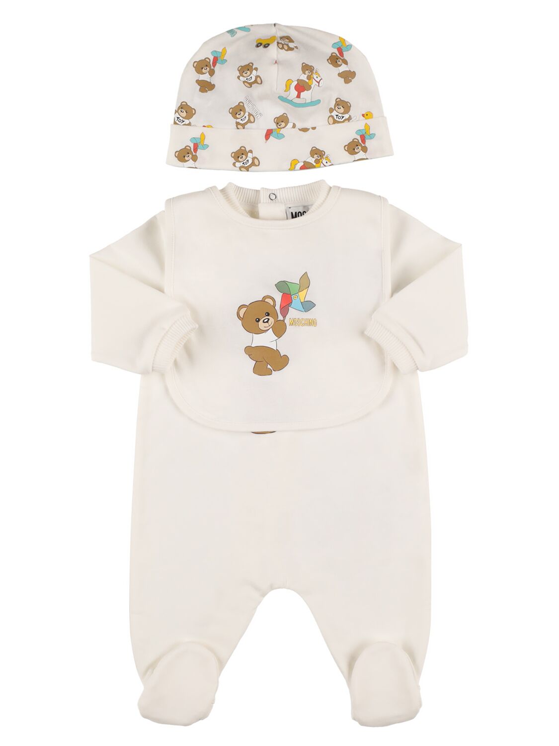 Moschino Babies' Cotton Jersey Romper, Hat & Bib In Off-white
