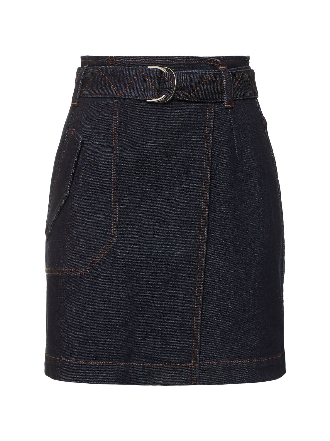Image of Pleated Belted Denim Mini Wrap Skirt