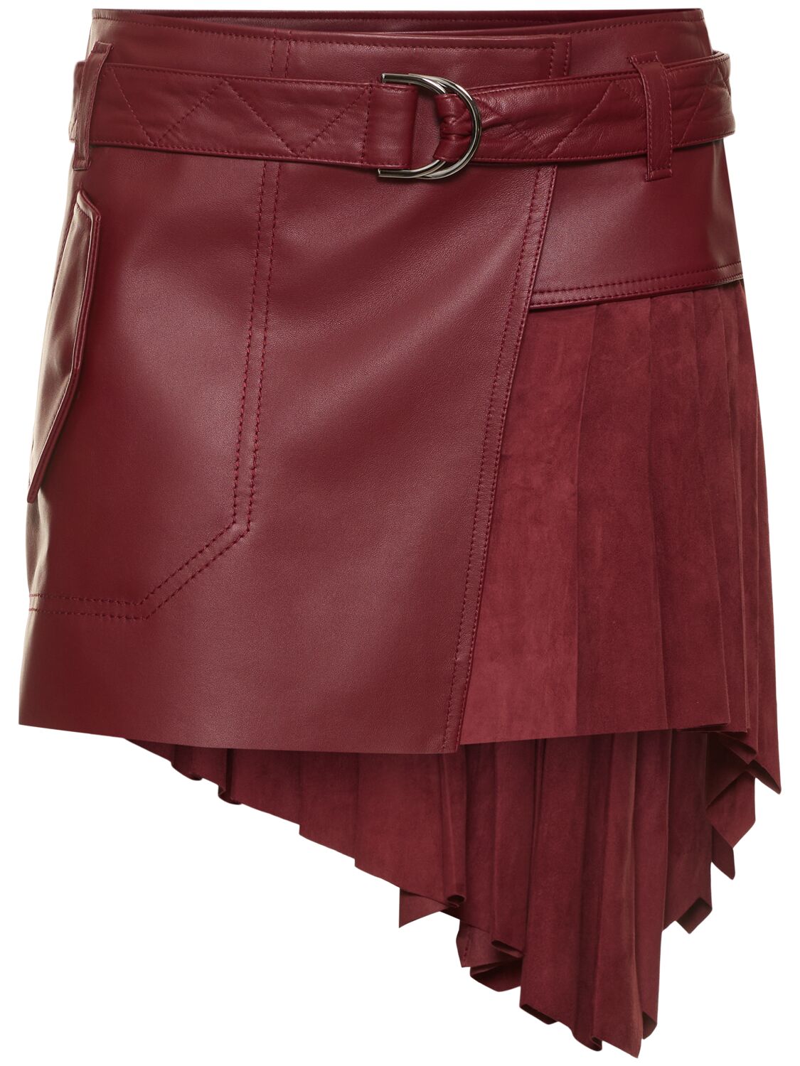 Ferrari Leather & Suede Pleated Mini Skirt In Burgundy