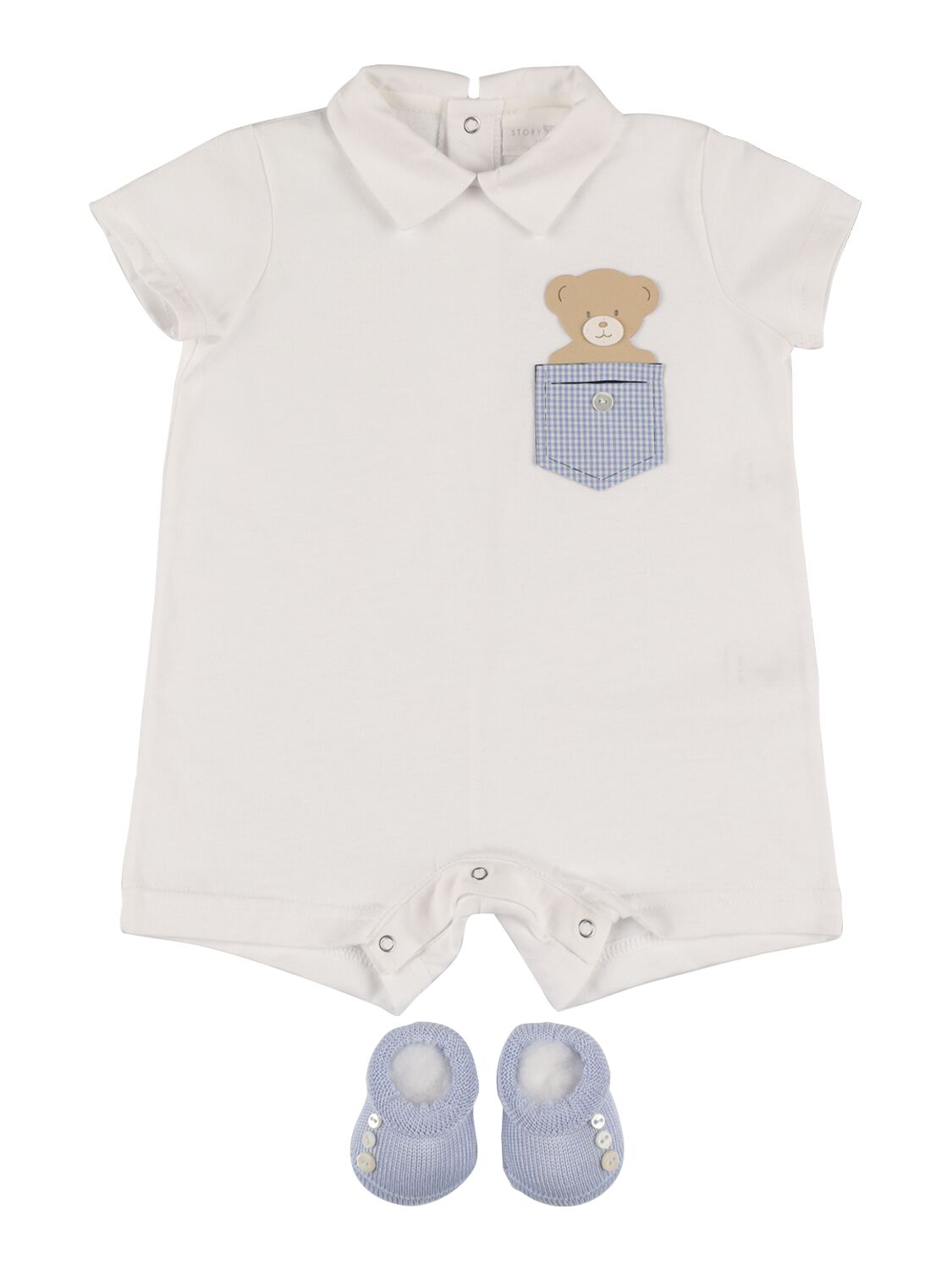 Story Loris Babies' 小熊图案平纹针织连体衣&婴儿袜 In White