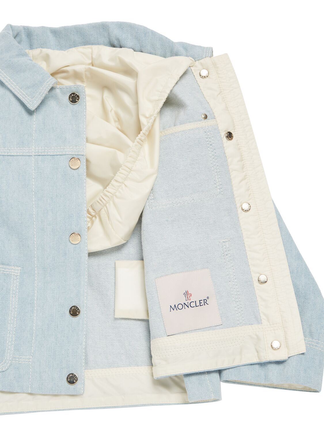 Shop Moncler Esbly Bleached Cotton Denim Jacket In Blue