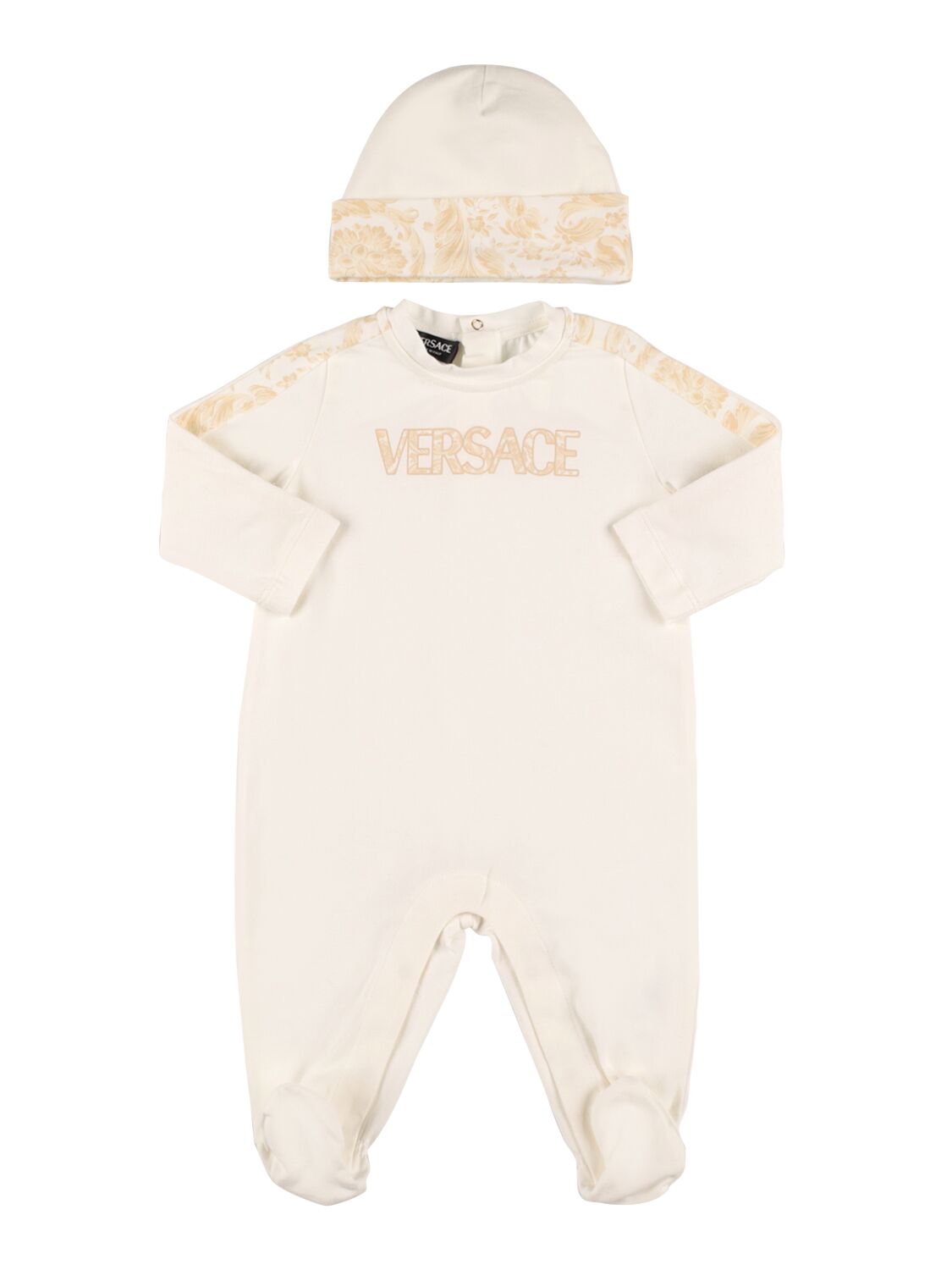 Versace Babies' 棉质平纹针织长袖连体衣&帽子 In White,beige