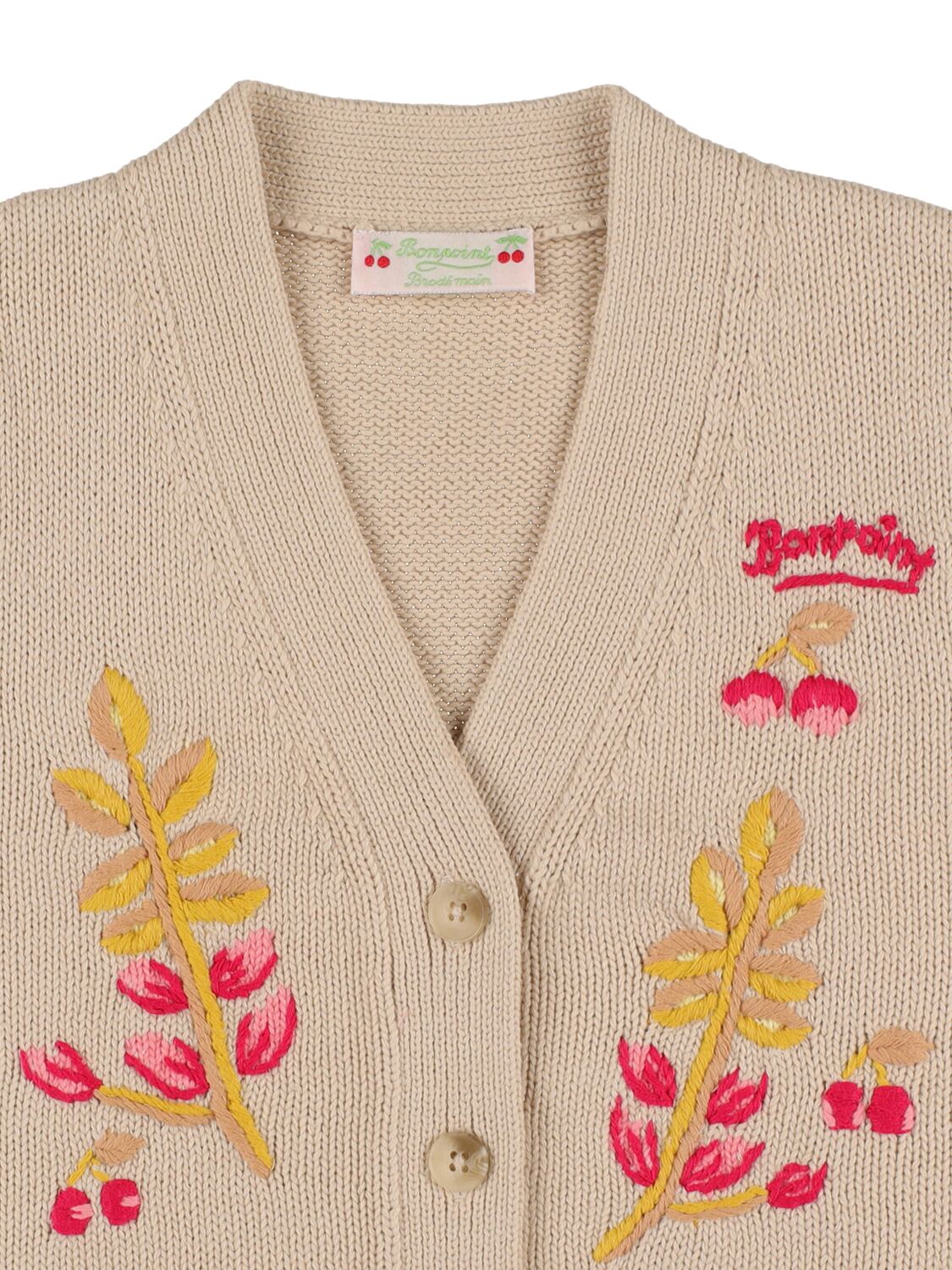 Shop Bonpoint Embroidered Cotton Knit Cardigan In Beige