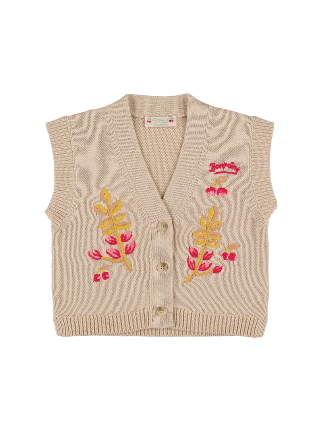 Shop Bonpoint Embroidered Cotton Knit Cardigan In Beige
