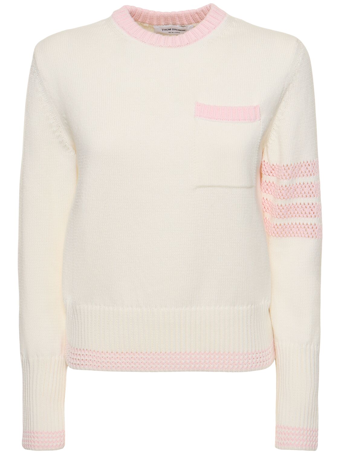 Thom Browne Cotton Knit 4 Stripe Sweater W/ Pocket In White,pink