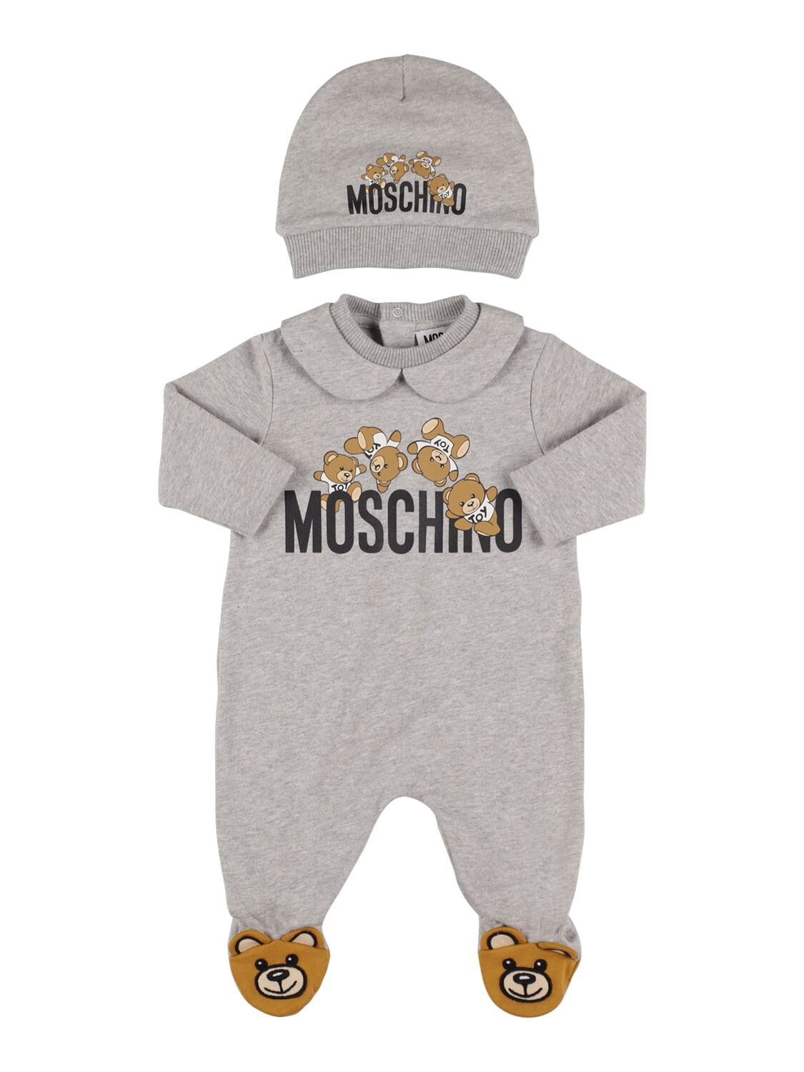 Moschino Babies' 棉质平纹针织连体衣&帽子 In Grey