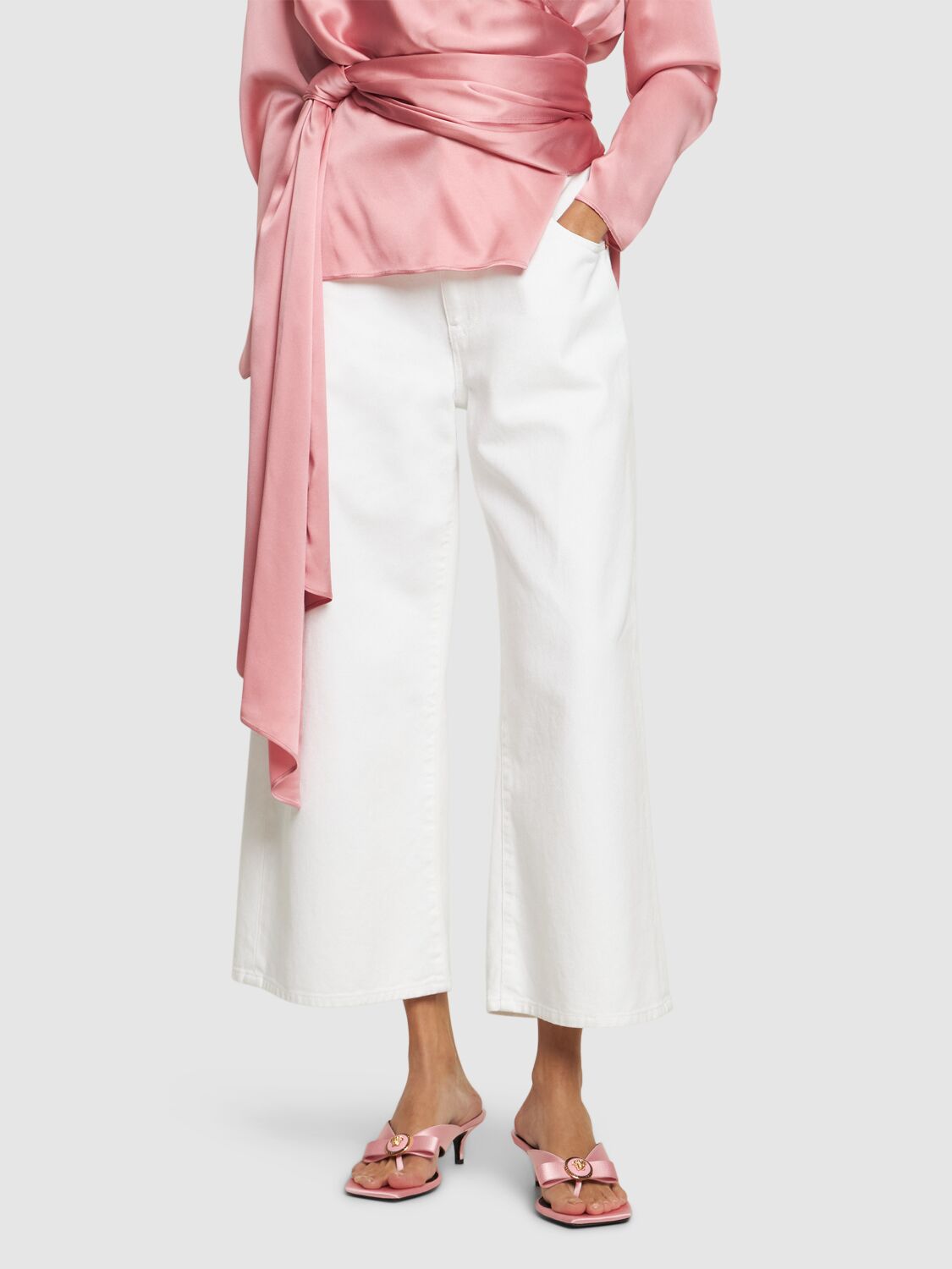 Versace Woman Pink Satin Gianni Ribbon Thong Mules In Pink