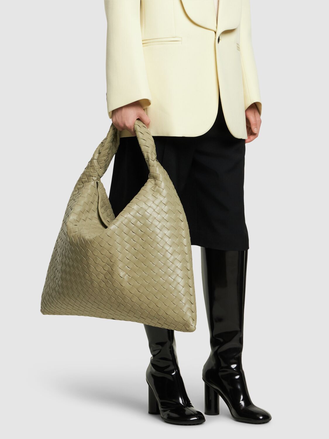 Shop Bottega Veneta Large Hop Leather Shoulder Bag In Travertine