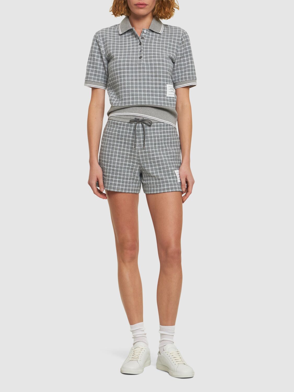 Shop Thom Browne Cotton Tweed Short Sleeved Polo In White,grey