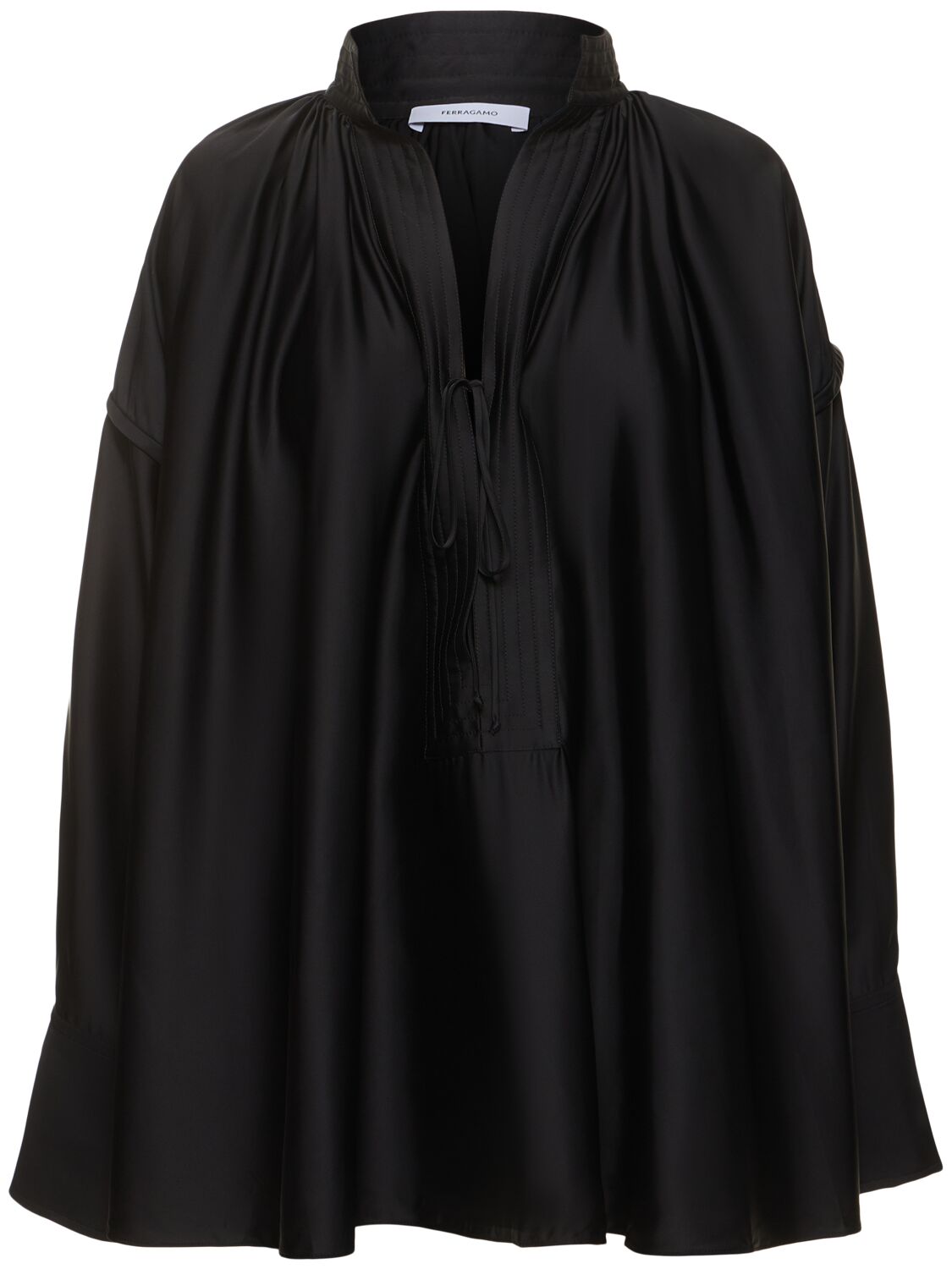 Ferragamo Draped Silk Blend Satin Shirt In Black