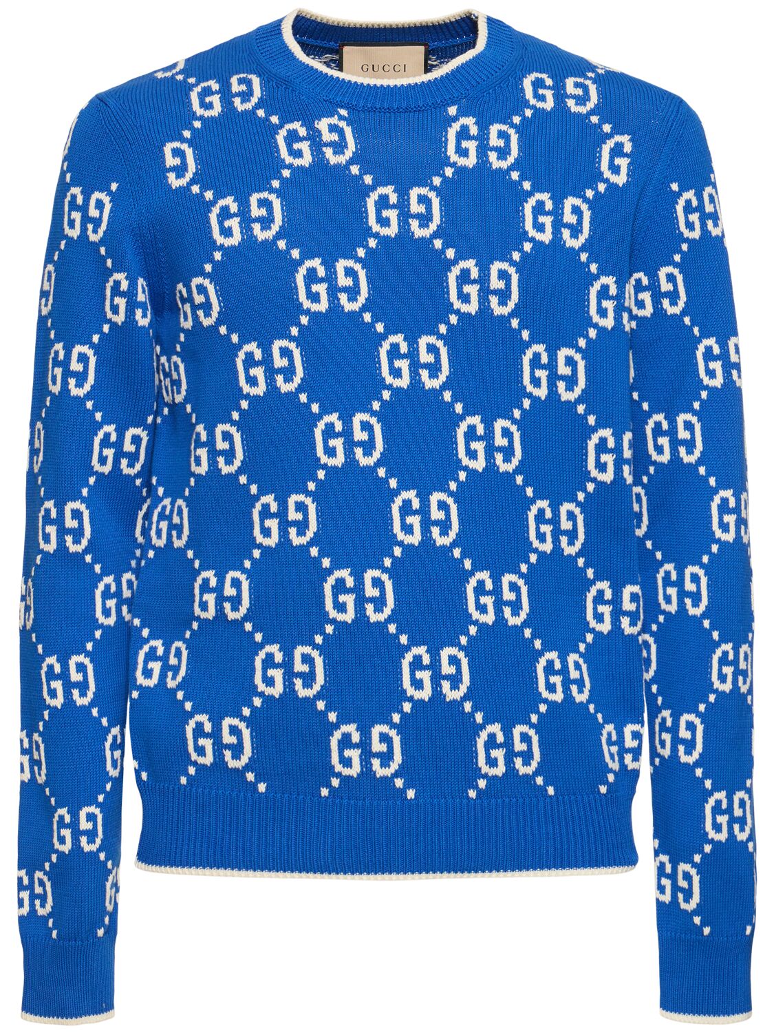 Shop Gucci Gg Cotton Knit Sweater In Cobalt,ivory