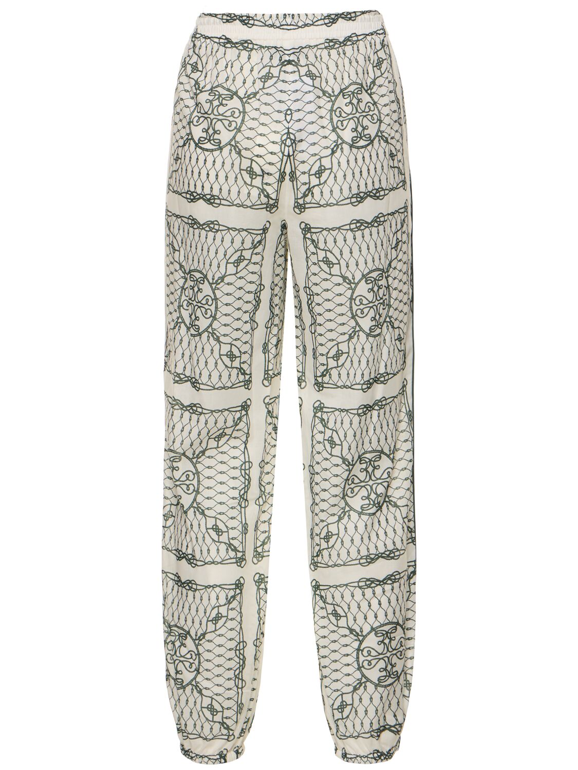Shop Tory Burch Printed Cotton Mid Rise Pants In Ivory,green