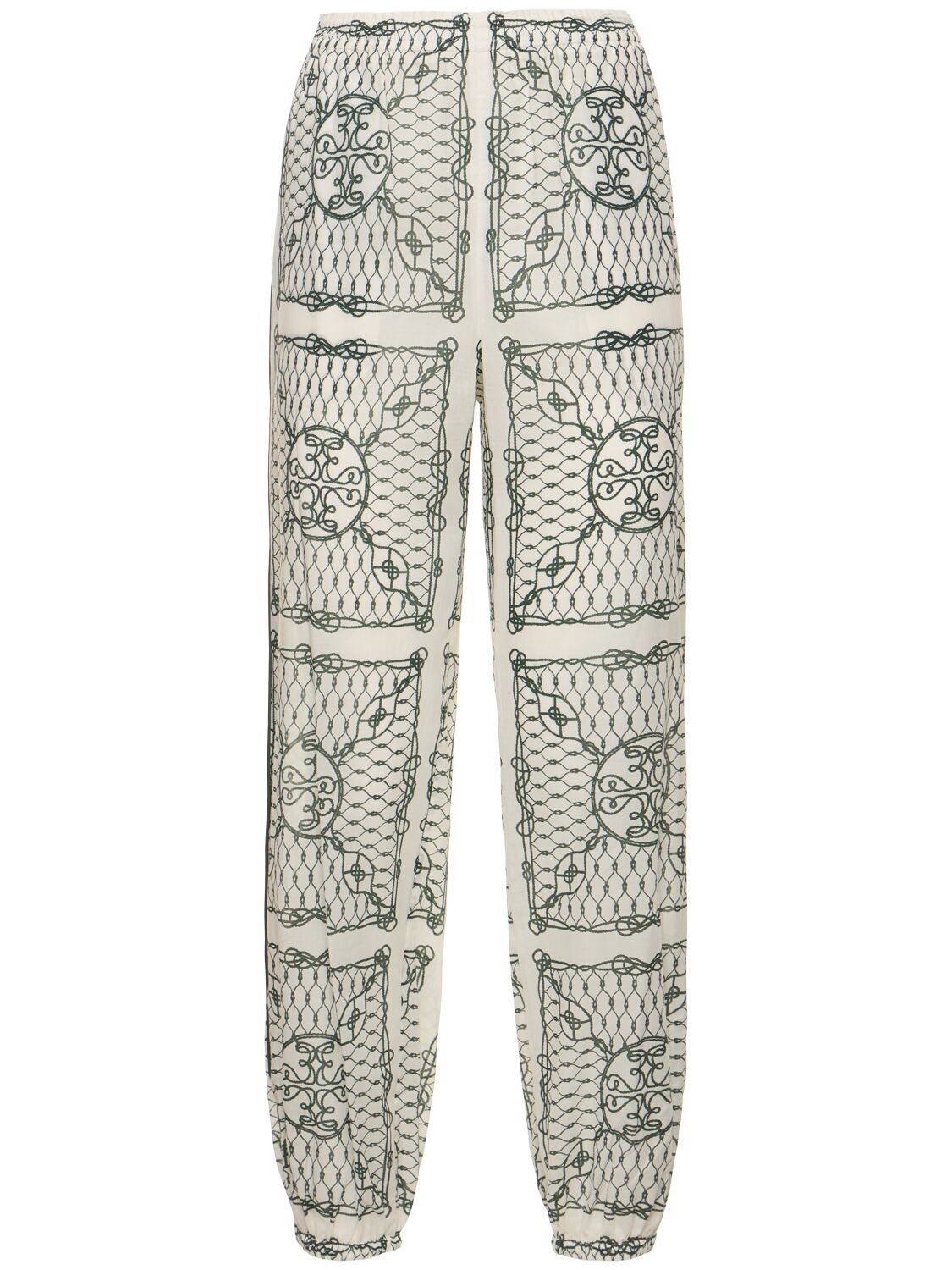 Shop Tory Burch Printed Cotton Mid Rise Pants In Ivory,green