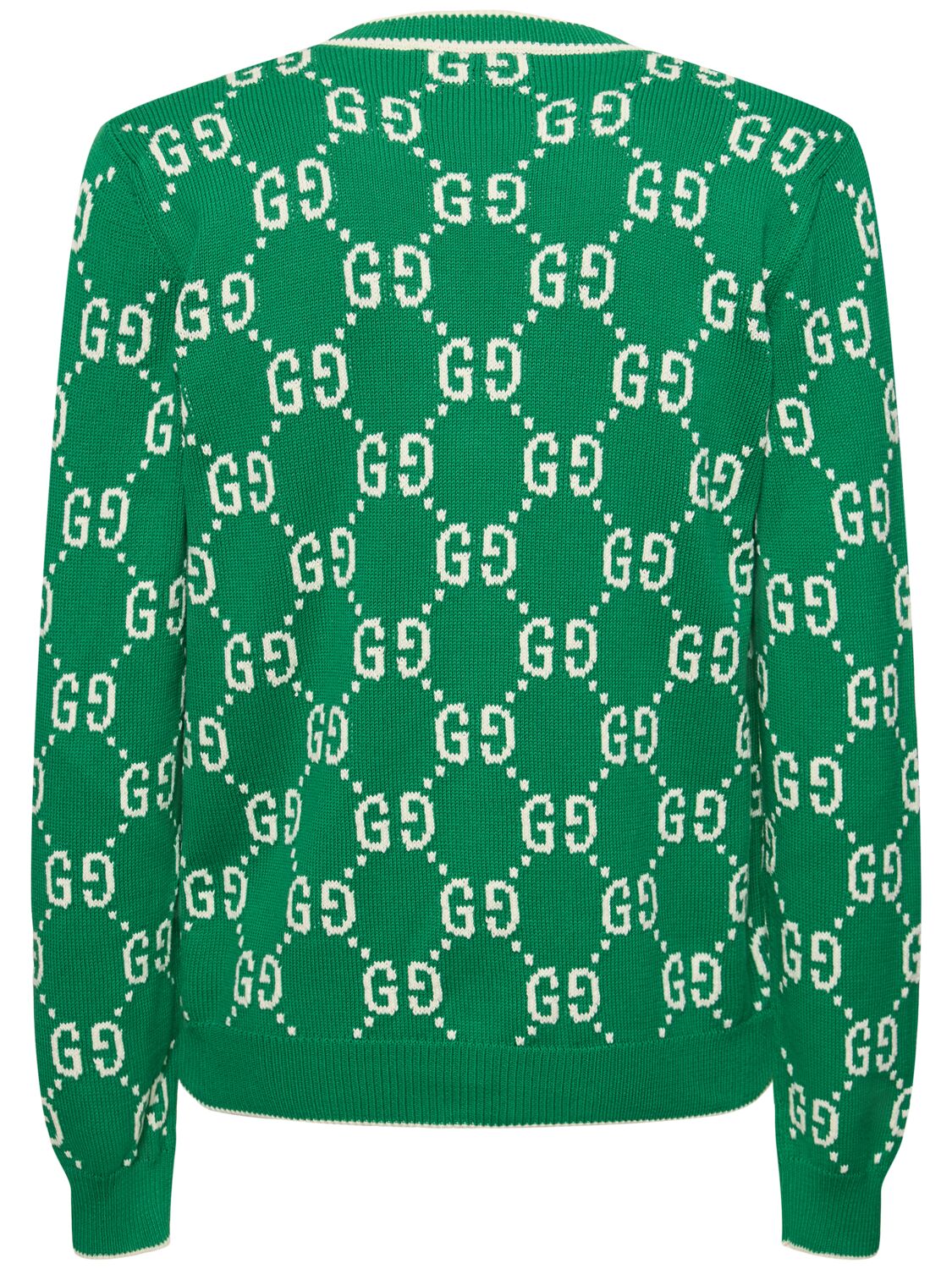 Shop Gucci Gg Cotton Knit Cardigan In Green,ivory