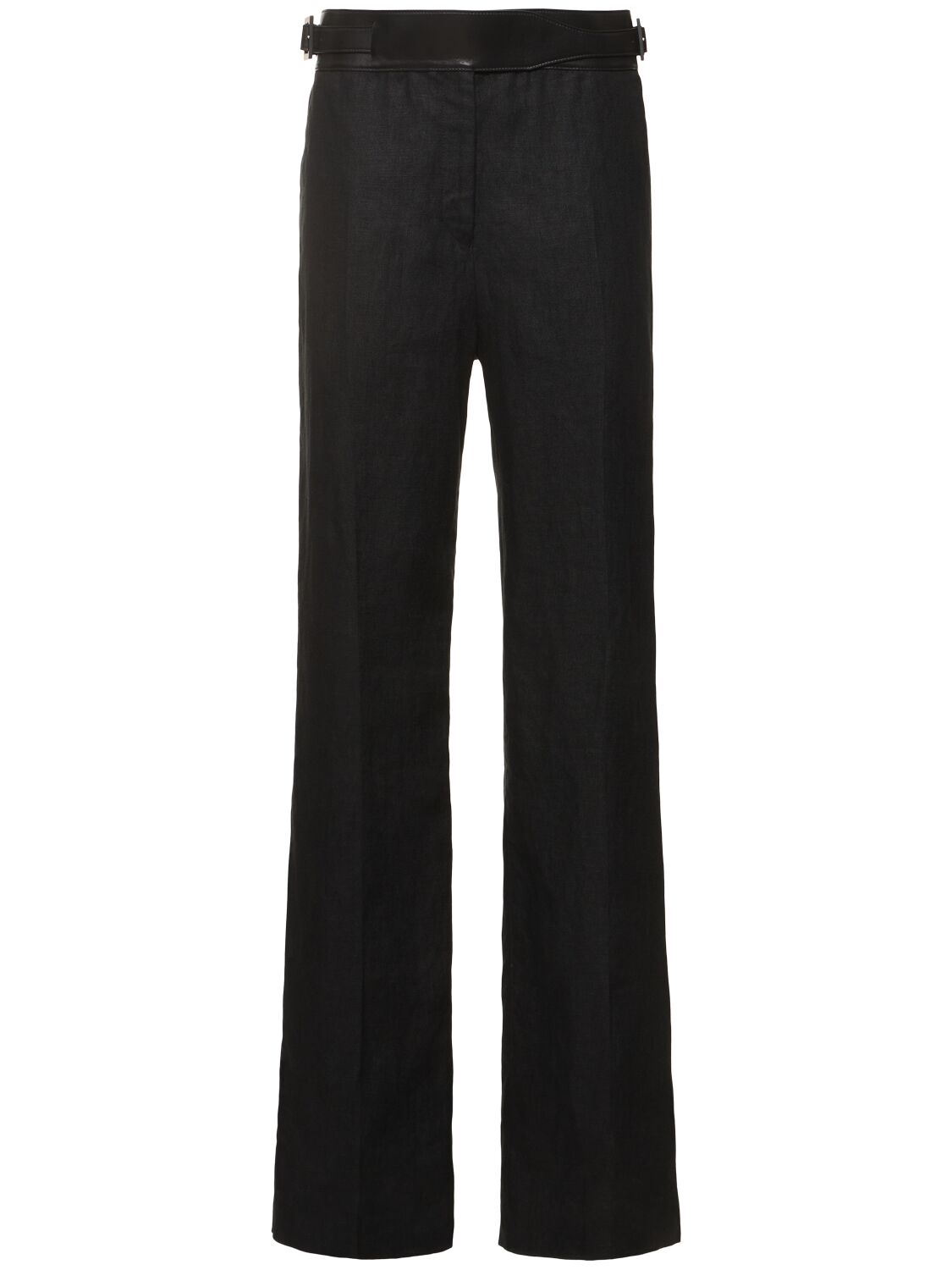Ferragamo Belted Linen Straight Pants In Black