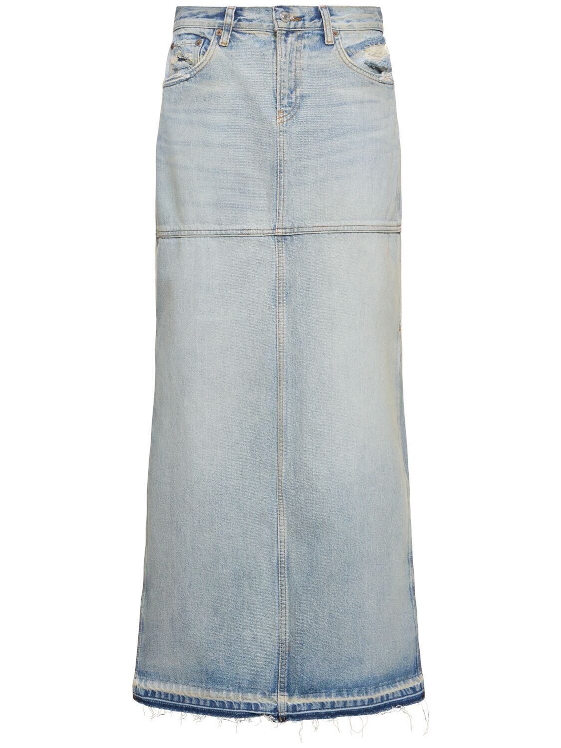 Shop Re/done Mid Rise Slit Cotton Denim Midi Skirt In Blue