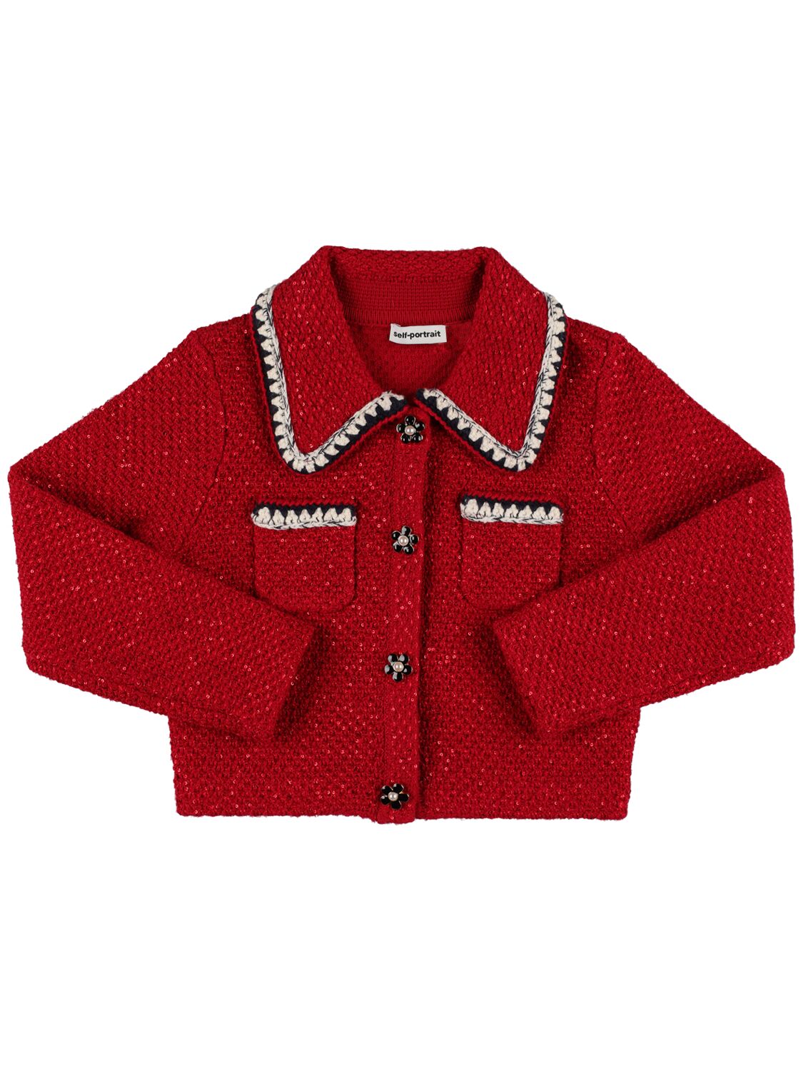 Self-portrait Kids' Glittered Cotton Knit Jacket In Red